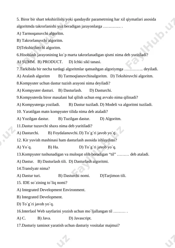yo`q. 16. taqqoslash amallariga qaysi amallar kiradi? a) ,=,!=. b) ,+,=. 17.birorta shartga ko`ra buyruqlar ketma-ketligining bajarilishi yoki bajarilmasligini belgilovchi algoritm nima deb ataladi? a) dasturlash algoritimi. b) tekshiruvchi algoritm. d) tarmoqlanuvchi algoritm. 18. if operatori tarkibidagi shart true quymat qaytarsa, buyruqlar bloke bajariladimi? a) yo`q. b) ha. d) bajarilmaydi. 19.buyruqlar_bloki if operatoridan keying satrda xat boshidan nechta probel qoldirib keyin yoziladi? a) 4 ta. b) 8 ta. d) probel qoldirmay yoziladi. 20. shartni tekshirish uchun qaysi operatordan foydalaniladi? a) print(). b) if. d) to`g`ri javob yo`q. 21. shartdan kelib chiqib, har bir shartga mos buyruqlar ketma-ketligini bajaradigan ifning takomillashgan ko`rinishi……..? a) elif operatori. b) if operatori. d) case operatori. 22. elif-else va if so`zlarining kombinatsiyasi bo`lib, qanday ma`noni anglatadi? a) “aks holda agar” b) “rost va yolg`on” d) to`g`ri javob yo`q. 23. dastur tuzish jarayonida murakkab shartli ifodalarni yozish uchun nimalardan foydalaniladi? a) operatorlardan. b) mantiqiy amallardan. d) barcha …