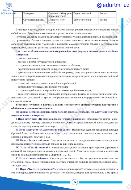 acha: za opredelennoe vremya nazvat, s ime- nem kakogo istoricheskogo deyatelya svyazano to ili inoe sobitie. iv. igra «tretiy lishniy». uchashimsya diktuyutsya nazvaniya trex gorodov (predmetov, sobitiy), iz kotorix odin ne svyazan s izuchaemoy temoy. uchastniki igri doljni isklyuchit odin iz nix podnyatiem kartochek s tsiframi (1, 2, 3). v. igra «nazovi sobitie». uchitel rasskazivaet o sobitii, upuskaya nazvanie mestno- sti, imena, godi, pryamo ukazivayushie na otvet. uchashiesya doljni dogadatsya, o kakom sobi- tii idet rech. vi. igra «chto zdes proizoshlo?» uchitel (ili vedushiy) nazivaet gorod ili mestnost, god ili period vremeni i prosit rasskazat o sobitii, kotoroe tam proisxodilo v eto vremya. @edurtm_uz 6 vii. igra «chem znamenit?» nazivaetsya familiya istorika, arxeologa, obshestvennogo deyatelya. uchashiesya doljni otvetit na vopros, chem on izvesten v istorii, imeet li eto otno- shenie k istorii nashey strani. viii. urok provoditsya v forme igri (viktorini, otvetov na voprosi po obraztsu igri «schastliviy sluchay» i …
