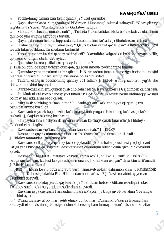 ri keladi va ular sherni quvib qo'ylar o'ligini har yoqqa tortadi. 99. qaysi qahramon tushida teppasidan tilla sochilishini ko'radi? j: shohdorxon tushida 100. ”bilmaganing bildirayin bilmasang “ qaysi badiiy san'at qo'llangan? alleteratsiya ( 1 xil tovush bilan boshlanuvchi so'zlarni keltirish) 101. yusuf qurandoz tushini qanday ta'bir qiladi? : yovmitdan kelgan ikki bo'ri ikki arzand bo'lib, qo'ylarni o’ldirgan shular deb aytadi. 102. qurandoz tushdagi tillalarni qanday ta'bir qiladi? j: tilla bu-qon, og'zidan uchgan qush-jon, qulagan imorat- podshohning tanidir. 103. qurandoz yana nimalarni ta’bir qiladi? j: barchaodam jamoat namoziga borishini, masjid madrasa qurilishini, fuqarolarning musilmon bo’lishini aytadi 104. ta'birni eshitgan podshohning qanday yo'l tutadi? j: jallod- u mirg'azablarni yig’ib shu ikkovini topishini buyuradi 105. qurandozlar kimlarni gumon qilib olib kelishadi? j: ravshanxon va gajdumbek keltirishadi. 106. podshoh ularni ko'rib qanday yo’l tutadi? j: podshoh bu ikkovini ko'rib oldinnoqqa ko'ngli bo'lmay har ikkalasini ozod qiladi. 107. mirg'azab so'zining ma'nosi nima? j: “amiri g'azab” …