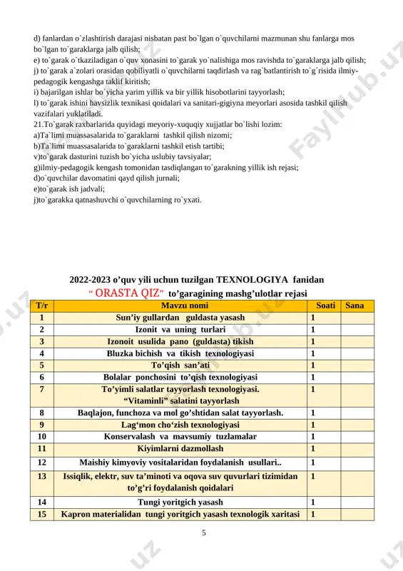 adigan nodir materiallar va asbob-uskunalar 1 19 ayollar shimining asos chizmasini chizish va modellashtirish. 1 20 burmali yostiqcha tikish texnologiyasi 1 21 kir yuvish mashinasi. kir yuvish mashinasining turlari, tuzilishi, ishlash prinsipi, foydalanishda xavfsizlik texnikasi qoidalari 1 22 to‘qishning murakkab usullari. 1 23 gul to‘qish 1 24 ko‘ylakni zamonaviy uslubda bichish va tikish (amaliy mashg’ulot). 1 25 savat, qutilarni bezash. xomashyo va materiallar tayyorlash 1 26 bahorda tayyorlanadigan salatlar. 1 27 karving usulida bezash. 1 28 dizayn komponentlari asosida turli buyumlarning loyiha variantlarini tayyorlash usullari. 1 29 sovutgich va muzlatgich, termos, mikroto‘lqinli elektrpechlarning tuzilishi va ahamiyati, foydalanish texnologiyasi. elektr asboblar bilan ishlash xavfsizligi. 1 30 qandolatchilikda ishlatiladigan texnologik jihozlardan: ko‘pirtirgich (mikser)ning turlari, tuzilishi, ahamiyati, undan foydalanish qoidalari. mehnat unumdorligi. zamonaviy texnika va texnologiyalar. elektr asboblari – favqulodda vaziyat manbai. 1 31 sut va sut mahsulot turlari. achitilgan sut mahsulotlari sifatiga bo‘lgan talablar, saqlanish sharoiti va muddati. amaliy mashg‘ulot: tvorojnik, pudring …