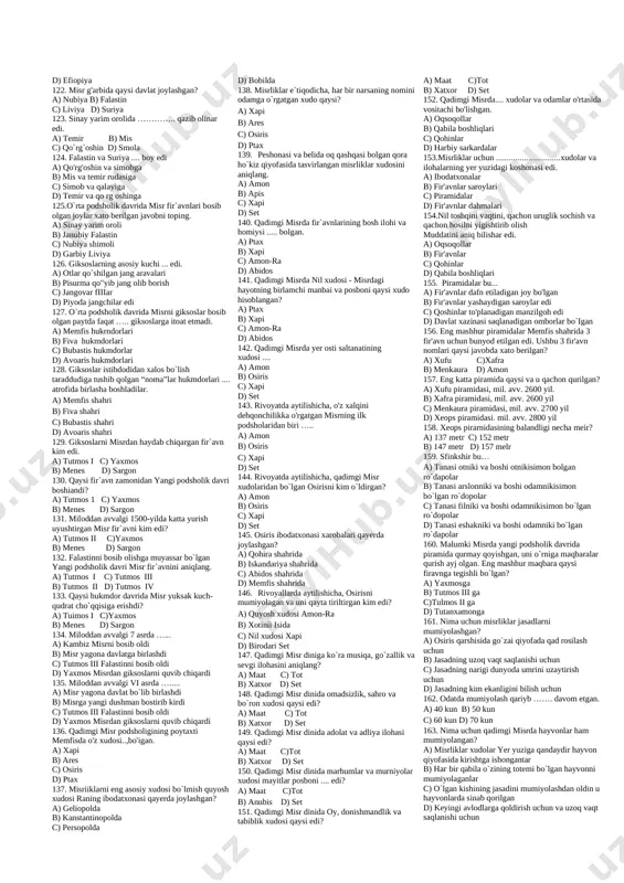 40 ming yillar b) mil. avv. 12-7 tming yillar c) mil. avv. 40-12 ming uiiiar d) mil. avv. 6-4 ming yillar 55. neolit davrida vujudga kelgan kashfiyotlar xato berilgan javobni toping. a) ziroatchilik vujudga keldi b) loydan idish-tovoqlar yasaldi c) mikrolitlar yasashni o'rgandilar d) g`ildirak kashf etildi 56. mikrotitlar bu... a) toshdan kichik mehnat qurollari b) mayitsiz sohta qabr c) toshga rasm solish d) yer osti kanallari 57. aksariyat qabilalar qaysi davrda o`troq turmush tarziga o`tib, doimiy turar joylar qura boshlagan? a) eneolit davrida b) paleolit davrida c) neolit davrida d) mezolit davrida 58. paxsa imoratlar qurish qacbon boshlangan? a) eneolit davrida b) paieolit davrida c) neolit davrida d) mezolit davrida 59. neolit davrining muhim kashfiyotlari.... a) kulolchilik va turar joylar qurish bo`ldi b) kulolchilik va to'quvchilik bo'ldi c) guvaladan uylar qurish va tikuvchilik d) diniy lasavvurlar va dafn tartiblari 60. miloddan avvalgi 6-5 mingyilliklar boshlarida... a) o'rta osiyoning janubiy …