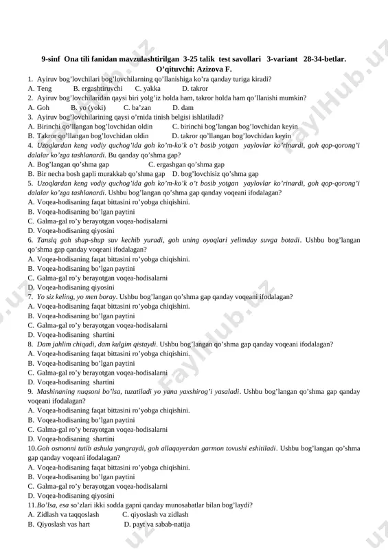 qora tutun ko’tarildi va u yerdan yo’tal tovushi eshitildi. c. to’satdan eshik sharaqlab ochildi va ostonada ertoyev paydo bo’ldi. d. hammasi payt munosabati. 13. u har uch qadamda bir to’xtab, nafasini rostlay-rostlay tepaga zo’rg’a yetdi, qopni ag’dardi-yu muvozanatini saqlay olmay o’tirib qoldi. ushbu gapda biriktiruv bo’glovchilari qanday munosabatni ifodalagan? a. sabab-natija b. qiyoslash c. payt d. zidlash 14. gulchehra “piq” etib kuldi-da, cho’zilib tugunni oldi. ushbu gapda biriktiruv bo’glovchilari qanday munosabatni ifodalagan? a. sabab-natija b. qiyoslash c. payt d. zidlash 15. inobat qizishib ketib pisandaga o’tganini endi payqadi va uyalib yerga qaradi. ushbu gapda biriktiruv bo’glovchilari qanday munosabatni ifodalagan? a. sabab-natija b. qiyoslash c. payt d. zidlash 16. mashhur qora qashqa ayg’irning chilvirini xirmondagi bolalarga tutqazdi-da, dabdurustdan chollar bilan gaplashib turgan komilaga yuzlandi. ushbu gapda biriktiruv bo’glovchilari qanday munosabatni ifodalagan? a.sabab-natija b. qiyoslash c. payt d. zidlash 17. anor so’zlar va zaunab qalbi tol bargiday dir-dir qaltirar. ushbu gapda biriktiruv …