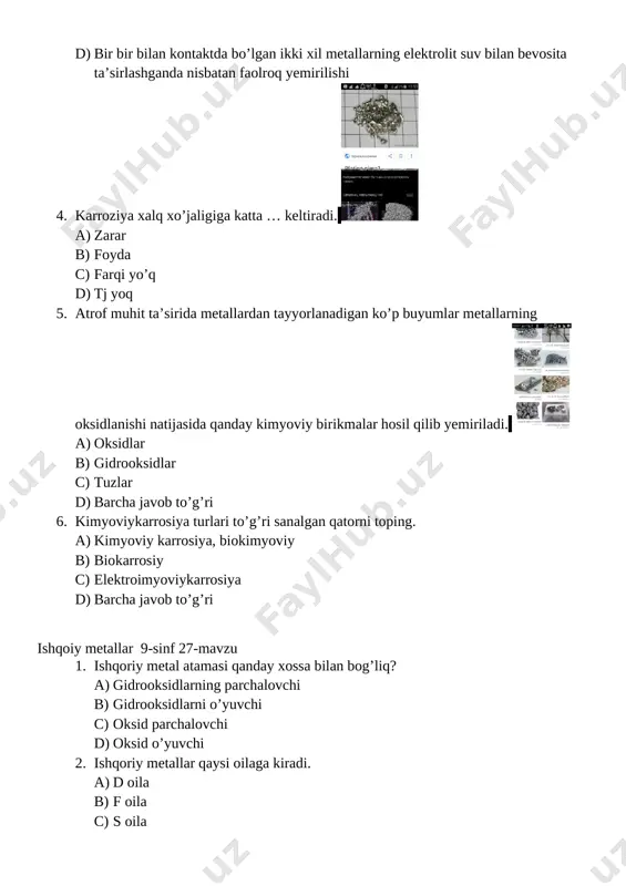 , p-11 , d- 6, f-o 2. [image: ] temirning valentligi nechaga teng. a) 2,3,4 * b) 2,3 c) 3.5 d) 2 3. fes2 formulani nomlang va fening oksidlanish darajasini toping. a) pirit +2 b)pirit +1 c) temir sulfit +2 d) temir sulfit -2 4. [image: ] gematit tarkibida fening massa ulushi qanchaga teng. a) 70% b) 65 % c) 75 % d) 30% 5. fe(oh)3 ---------nimani tarkibida bo’ladi. u sarg’ich- qo’ngir rangli birikma. a) piritni *b) zang c) gematit d) sederit [image: chemistry] [bookmark: _goback] image5.png image6.png image7.png image8.png image9.png image10.jpeg image11.png image12.jpeg image13.jpeg image14.png image15.jpeg image16.jpeg image17.png image18.png image19.png image20.png image21.gif image22.jpeg image23.jpeg image24.jpeg image25.jpeg image26.jpeg image27.jpeg image28.jpeg image29.jpeg image30.jpeg image31.png image32.png image33.jpeg image34.png image35.emf image36.png image37.wmf oleobject1.bin image38.emf 4-davr,4-qator tartib raqami 26 8-guruh nisbiy atom massasi 55,847 ga teng. d-metallar oilasiga kiradi. image39.emf temirning asosiy minerallari: 1.pirit-fes 2.siderit-feco 3 3.magnetit-fe 3 o 4 4.gematit-fe 2 o 3 …