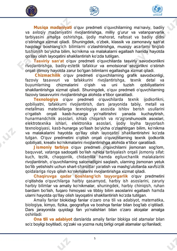 ining kelib chiqish va rivojlanish tarixi, harbiy sanʻat tarixi bilan tanishadilar; matematika darslarida turli matematik oʻlchovlar, bolalar fikrlash qobiliyatini rivojlantirish va hisob-kitoblardan foydalanadilar; geometriya darslarida yassi va fazoviy hajmiy shakllar: diagonal, toʻrtburchak, parallelepiped va tekis prizma, piramida, silindr, konus va sharlarni simmetriyasini oʻrganadilar; fizika darslarida mexanik harakat, kinematikaning asosiy tushunchalari, mexanik ish va kinetik energiya, mexanik ish va potensial energiyalarni qoʻllash, yorugʻ-soya munosabatlari, mexanik, dinamik, statik harakatlar, ballistika, spektr ranglarning hosil boʻlish qonuniyatlaridan foydalanadilar; kimyo darslarida metallar va ularning birikmalari, eng muhim materiallar va ularni ishlab chiqarish asoslari, boʻyoqlar, kimyoviy qurollar, portlovchi moddalar, ularning turlari va xususiyatlarini biladilar; biologiya darslarida jonzotlar, hasharotlarning plastik-anatomik tuzilishi va oʻsimliklarning turlari zaharlovchi moddalar, organizmda moddalarning almashinuvi, hamda ranglarini oʻrganadilar; geografiya darslarida dunyodagi tabiiy resurslarni olinishi va qoʻllanishi hamda iqtisodiyotda tutgan oʻrni, tabiat va uning elementlarini (osmon, togʻlar, adirlar, kengliklar, daraxtlar, daryolar va h.k.) geografik joylashuvi, topografik xaritalarni oʻqish, haqidagi maʻlumotlardan foydalanadilar; informatika darslarida oʻrganilgan …
