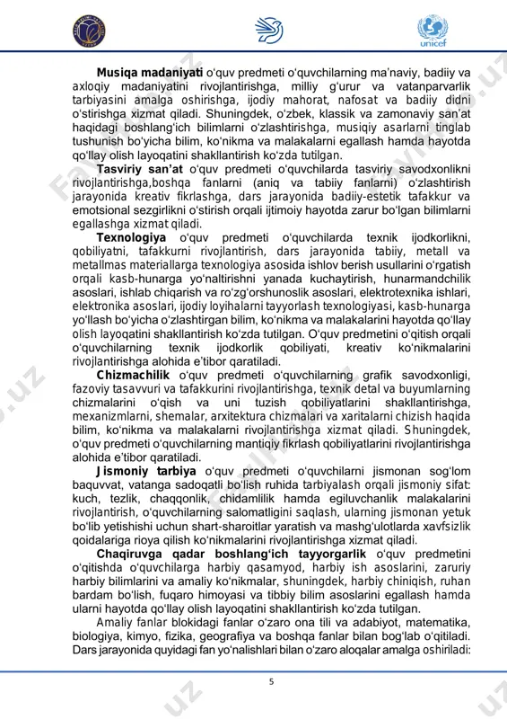 nida quyidagi fan yo‘nalishlari bilan o‘zaro aloqalar amalga oshiriladi: 6 ona tili va adabiyot darslarida amaliy fanlar blokiga oid atamalar bilan so‘z boyligi boyitiladi, og‘zaki va yozma nutq birligi rivojlanadi. shuningdek adabiy asar, ertaklar asosida syujetli kompozitsiya ishlashda fanlar bilan o‘zaro aloqalar amalga oshiriladi; tarix darslarida milliy an’analar, urf-odatlar, o‘zbek va jahon san’ati tarixi, sport turlarini kelib chiqish va rivojlanish tarixi, harbiy san’at tarixi bilan tanishadilar. shuningdek tarixiy asar yaratishda fan bilan o‘zaro aloqalar amalga oshiriladi. matematika darslarida turli matematik o‘lchovlar, bolalar fikrlash qobiliyatini rivojlantirib, hisob-kitoblardan foydalanadilar. shuningdek tasvirlash va chizishda fan bilan o‘zaro aloqalar amalga oshiriladi. geometriya darslarida geometrik figura (nuqta, chiziq, sirt)larni tekislikda tasvirlash, ularning yassi va fazoviy munosabatlari, qonuniyatlarini o‘rganish orqali aylana, simmetriya, diogonal, oval, ellips, ko‘pburchaklar, sirtlar: prizma, piramida va sharlarni tasvirlashni, shuningdek shaklni proeksiyasi va yaqqol tasvirini bajarishda fan bilan o‘zaro aloqalar amalga oshiriladi. fizika darslarida mexanik harakat, kinematikaning asosiy tushunchalari, mexanik ish va kinetik …