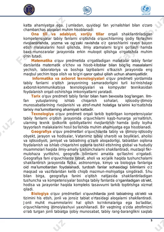 ishi va tarkibining o‘zaro bog‘liqligini o‘rganishadi. kimyoviy moddalardan, maishiy kimyo mahsulotlaridan ehtiyokorlik bilan foydalanish va ular asosida eksperiment o‘tkazish ko‘nikmalari rivojlanadi. 7 2. maktab bitiruvchilariga tabiiy fan bo‘yicha o‘quvchilar faoliyati natijalariga qo‘yiladigan qo‘yiladigan talablar (umumiy o‘rta ta’lim bitiruvchilariga qo‘yiladigan talablar) 2.1. ilmiy savodxonlik kompetensiyasi nazariy bilimlar asosida turli tabiiy obyektlar, hodisa va jarayonlarning o‘ziga xos xususiyatlarini biladi, tasavvur qiladi va mohiyatini tushunadi; kundalik hayotda kuzatadigan tabiiy hodisa va jarayonlarni tabiiy fanlarga oid atamalar, tushunchalar hamda umumiy qonuniyatlarni olgan bilim, ko‘nikma va malakalariga tayanib tushuntiradi, amalda qo‘llaydi; hodisalarni kuzatadi, tadqiqotlar, tajribalar o‘tkazadi va zaruriy kattaliklarni o‘lchov asboblar (sekundomer, tarozi, o‘lchov tasmasi, termometr va h.k.) yordamida o‘lchaydi, hisoblash ishlarini bajaradi; turli axborot manbalarida berilgan ma’lumotlarni tahlil qiladi, saralaydi, ulardan ta’limiy maqsadlarda foydalanadi va muloqot jarayonida bildirilgan fikrlarni tushunadi, mustaqil va ijodiy fikrlaydi; jamiyatda ruy berayotgan ijtimoiy-iqtisodiy, fan-texnika yangiliklaridan xabardor bo‘ladi hamda o‘z faoliyatini kreativ rivojlantira oladi; tabiiy va boshqa resurslarning jamiyatdagi o‘rni …