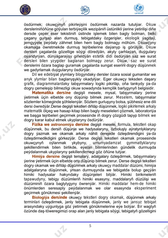 ersine degişli mesele, formula, tekstleri okap düşünmek, bu dersiň düşünje we hadysalaryny, özboluşly aýratynlyklaryny dogry ýazmak we okamak arkaly nähili derejede özleşdirendigini ýa-da özleşdirmedikdigini görkezýär. derse degişli tekstleri okamak prosesinde okuwçynyň oýlanmak ykybyny, umumyadamzat gymmatlyklaryny şekillendirmek bilen birlikde, eýelän bilimlerinden gündelik durmuşda peýdalanmak ukyplaryny şekillendirmegi göz öňüne tutýar. himiýa dersine degişli temalary, adalgalary özleşdirmek, tabşyrmalary ýerine ýetirmek üçin elbetde ony düşünip bilmek zerur. derse degişli tekstleri dogry okamak we diňläp düşünmek arkaly okuwçy maddalar düzümi, himiýa adalgalaryna düşünmek, ynsan durmuşynda we tebigatda bolup geçýän himiki hadysalar hakyndaky düşünjeleri bilýär. himiki birikmeleriň tapawudyny, tebigy düzümleriň himiki esasyny, maddalaryň düzülişi we düzüminiň özara baglylygyny öwrenýär. himiki maddalar hem-de himiki önümlerden seresaply peýdalanmak we olar esasynda eksperiment geçirmek gönükmesi şekillenýär. biologiýa dersinde okuwçy tekstleri dogry okamak, düşünmek arkaly terminlari özleşdirmek, janly tebigata düşünmek, janly we jansyz tebigat arasyndaky uýgunlyga göz ýetirmek gönükmelerine eýe bolýar. bir wagtyň özünde daş-töweregimizi orap alan janly tebigata söýgi, …