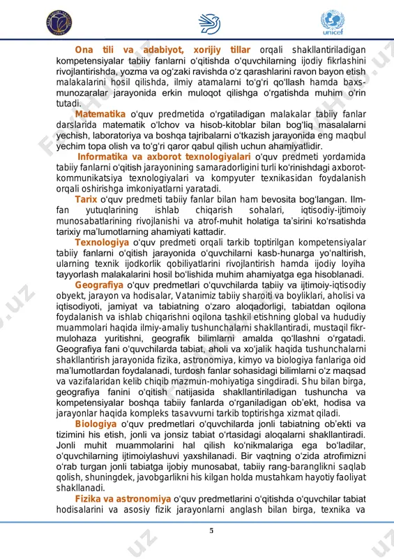 tronomiya o‘quv predmetlarini o‘qitishda o‘quvchilar tabiat hodisalarini va asosiy fizik jarayonlarni anglash bilan birga, texnika va 6 texnologiyalarni rivojlantirishda fizika va astronomiya qonunlarini qo‘llashni o‘rganadilar. fanni o‘qitish jarayonida o‘quvchilarning mantiqiy fikrlash qobiliyati, aqliy rivojlanishi va umuminsoniy qadriyatlarni shakllantirish barobarida olamning yagona manzarasiga oid tafakkurlarini rivojlantirish hamda egallagan bilimlardan kundalik hayot faoliyatlarida foydalanish ko‘nikmasini shakllantirishni ko‘zda tutadi. kimyo o‘quv predmetini o‘rganish jarayonida o‘quvchilar moddalar tarkibi, kimyoviy atamalarni farqlash, inson faoliyati va tabiatda ro‘y berayotgan kimyoviy jarayonlar haqidagi tushunchalarga ega bo‘ladilar. o‘quvchilar kimyoviy birikmalarning farqlarini, tabiiy tizimlarning kimyoviy asosini, moddalarning tuzilishi va tarkibining o‘zaro bog‘liqligini o‘rganishadi. kimyoviy moddalardan, maishiy kimyo mahsulotlaridan ehtiyokorlik bilan foydalanish va ular asosida eksperiment o‘tkazish ko‘nikmalari rivojlanadi. 7 2. tabiiy fanlar bo‘yicha o‘quvchilarda rivojlantiriladigan umumiy kompetensiyalar (umumiy o‘rta ta’lim bitiruvchilariga qo‘yiladigan talablar) 2.2. amaliy kompetensiya turli axborot manbalaridan zaruriy ma’lumotlarni topa oladi, shaxsiy va kasbiy faoliyatida qo‘llaydi; tabiiy fanlardan egallagan bilim, ko‘nikma va malakalaridan shaxsiy, kasbiy va ijtimoiy …