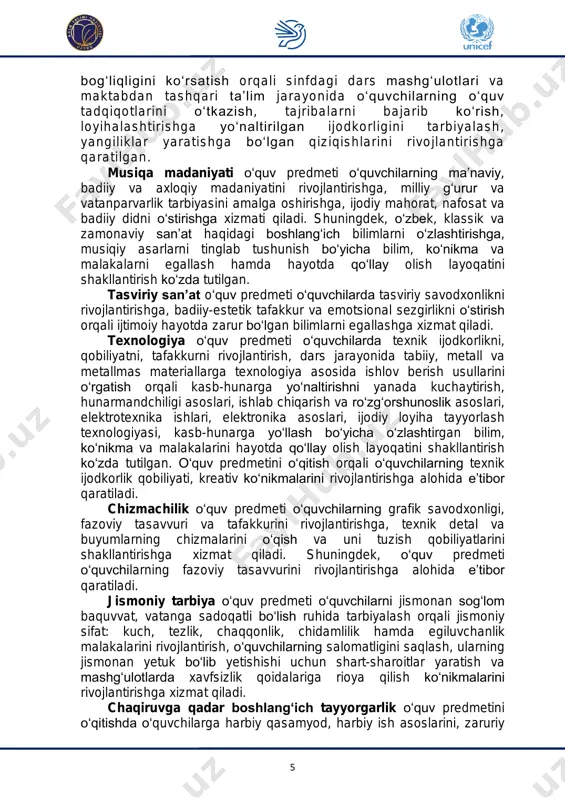 liy fanlar blokiga oid atamalar bilan so‘z boyligi boyitiladi, og‘zaki va yozma nutq birligi orqali atamalar qo‘llaniladi; tarix darslaridan milliy an’analar, urf-odatlar, o‘zbek va jahon san’ati tarixi, sport turlarini kelib chiqish va rivojlanish tarixi, harbiy san’at tarixi bilan tanishadilar; matematika darslaridan turli matematik o‘lchovlar, bolalar fikrlash qobiliyatini rivojlantirish va hisob-kitoblardan foydalanadilar; geometriya darslaridan yassi va fazoviy hajmiy shakllar: diagonal, to‘rtburchak, parallelepiped va tekis prizma, piramida, silindr, konus va sharlarni simmeteriyasini o‘rganadilar; fizika darslarida mexanik harakat, kinematikaning asosiy tushunchalari, mexanik ish va kinetik energiya, mexanik ish va potensial energiyalarni qo‘llash, yorug‘-soya munosabatlari, mexanik, dinamik, statik harakatlar, ballistika, spektr ranglarni hosil bo‘lish qonuniyatlaridan foydalanadilar; kimyo darslarida metallar va ularning birikmalari, eng muhim materiallar va ularning ishlab chiqarish asoslari, bo‘yoqlar, kimyoviy qurollar, portlovchi moddalar, ularning turlari va xususiyatlarini biladilar; biologiya darslarida jonzotlar, hasharotlarning plastik-anatomik tuzilishi va o‘simliklarning turlari zaharlovchi moddalar, organizmda moddalarning almashinuvi, hamda ranglarini o‘rganadilar; geografiya darslarida dunyodagi tabiiy resurslarni olinishi va …