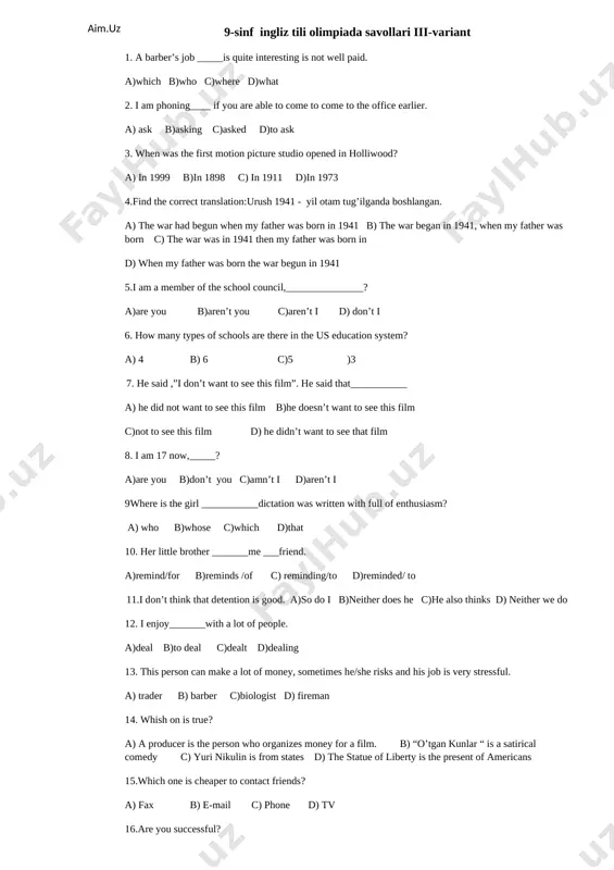 chools 24 jewelry 25 sababsiz dars qoldirish answer key 2nd version 1c 2a 3c 4a 5c 6c 7d 8c 9a 10b 11c 12d 13b 14a 15c 16b 17 b 18pygmalion 19the state nursery schools 20 a 21 yes, i had 22 home 23 taught 24 guardian 25 truant s 1 2 3 4 5 6 7 8 9 10 11 12 13 14 15 16 17 j a d c b c c d c b b b d a a b d d 18. catholic 19.home 20taught 21. washington 22. public school 23. jewelry 24. pygmalion 25 yes, i am