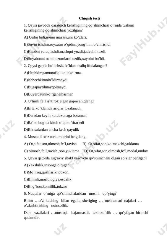 shirin qovunlar mamlakati”romani c)”mingli ko’zlar”romani d)”sariq devni minib”romani 19.orttirma nisbatdagi fe’lga 3-4 ta misol yozing ________________________________________________________________________________________________________________________________ 20.harakat nomi qo’llangan gap tuzing? _______________________________________________________________________________________________________________________________ 21.sifatdoshishtirokida gap tuzing? _______________________________________________________________________________________________________________________________ 22.berilgan gapni davom ettiring? kimk hech narsani qiziqib so’ramasa …. ______________________________________. 23.nuqtalar o’rniga mos keladigan kelishik qo’shimchalarini qo’ying? yovuzlik …. ezgulik …. ajrata oladigan kishigina aqllidir. _______________________________________________ 24. x.to’xtaboyevni kimlar tarbiya qilgan? ________________________________________________________________ 25. janni rodarining qaysi asari bilan tanishdingiz? __________________________________________________________________ 1 2 3 4 5 6 7 8 9 10 11 12 13 14 15 16 17 18 a c c a b d a d c a a a d b d a a d