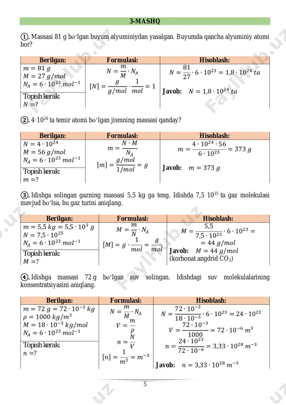 −10 𝑚 𝑉 = 24 𝑐𝑚3 = 24 ∙ 10−6 𝑚3 𝑁 = 𝑉 𝑑3 [𝑁] = 𝑚3 𝑚3 = 1 𝑁 = 24 ∙ 10−6 (2 ∙ 10−10)3 = 3 ∙ 1024 𝑡𝑎 javob: 𝑁 = 3 ∙ 1024 𝑡𝑎 topish kerak: 𝑁 =? 8 ⑬. biror modda molekulasining diametri fotosuratda 0,5 mm ga teng. agar fotosurat elektron mikroskop yordamida 200 000 marta kattalashtirib olingan boʻlsa, ayni modda molekulasining haqiqiy diametiri qancha? berilgan: formulasi: hisoblash: 𝑑 = 0,5 𝑚𝑚 = 5 ∙ 10−4 𝑚 𝐾 = 200000 𝑑0 = 𝑑 𝐾 [𝑁] = 𝑚3 𝑚3 = 1 𝑑0 = 5 ∙ 10−4 2 ∙ 105 = 2,5 ∙ 10−9 𝑚 javob: 𝑑0 = 2,5 ∙ 10−9 𝑚 topish kerak: 𝑑0 =? ⑭. nima uchun gulxandan chiqayotgan tutun yuqoriga koʻtarilgan sari hatto shamol boʻlmaganda ham koʻzga koʻrinmay ketadi? javob: bilamizki yer sharini havo qatlami oʻrab turadi. gulxandan chiqayotgan tutun havo …