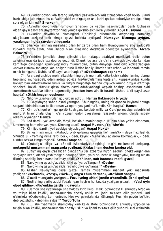 lkusho, anhorida obi safo, sebarga, obishor ekan, deb qaysi joy manzarasi keltiriladi? vodil 37. tiyg‘i ishqing yorasidur butmagon, dardini har kimga aytib butmagon. hajr sahrosidur ohim o‘tidin anda gul yoxud giyohe butmagon. qaysi janrda yozilgan, muallifi kim? navoiy, tuyuq 38. tiyg‘i ishqing yorasidur butmagon, dardini har kimga aytib butmagon. hajr sahrosidur ohim o‘tidin anda gul yoxud giyohe butmagon. tuyuqdagi tajnisli so‘zlar ma’nosi… tuzalmagan; tugatmagan; o‘smagan 39. munis xorazmiyning she’riy risolasi to‘g‘ri berilgan javob… «savodi ta’lim» 40. quyidagi asarlarning qaysi biri she’riy roman hisoblanmaydi? «chinor» 41. anvar o‘rdaga ishga kirganida uni o‘ylagan «xolis jonkuyari» kim edi? pochchasi 42. eshitdim, baxtiyor jamshid podisho buloq boshga yozmish shunday bir ma’no: «ko‘plar ham bu chashma boshiga yetdi, suv ichdi, dunyodan ko‘z yumib ketdi. qanchasi zulm ila olamni oldi, go‘rga o‘zi ketdi, olgani qoldi». kimning qaysi asaridan olingan? sa’diy she’roziy, «bo‘ston» 43. bir itga sahroda duch kelib, karam ko‘rsatib, qalpog‘ida suv bergan yo‘lovchi haqidagi hikoyat …