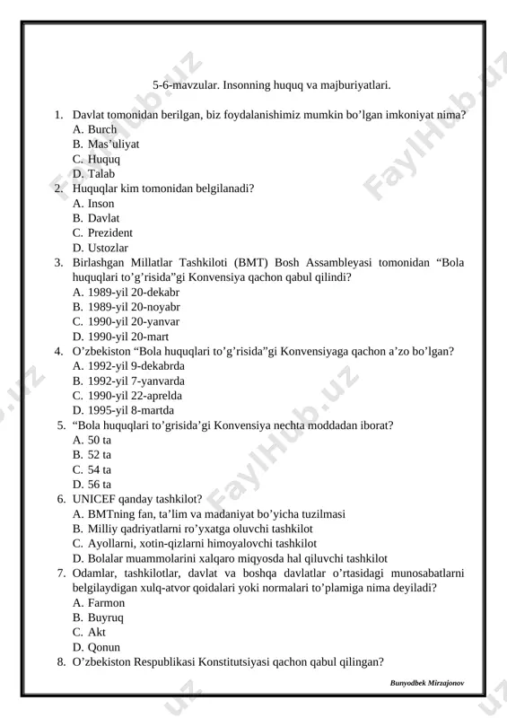 nteynerlarga tashlash c. suvga turli plastmassa, qog’ozlarni tashlamaslik d. barcha javoblar to’gri 8. agar tishlarni yuvish vaqtida suv jo’mragi ochiq qoldirilsa, 30 soniya ichida necha litr suv oqib ketadi? a. 6 litr b. 7 litr c. 8 litr d. 9 litr 9. agar biz qog’ozlarni qayta ishlash punktiga topshirsak, tabiat uchun qanday yordam qilgan bo’lamiz? a. yo’llar va ko’chalarning ifloslanishini oldini olgan bo’lamiz b. ko’plab daraxtlarni kesilishidan saqlab qolamiz c. noyob o’simliklarni asrab qolamiz d. barcha javoblar to’g’ri 10. har doim qo’lni yuvish uchun suv jo’mragi ochiq turganda, 1 daqiqada qancha suv sarflanadi? a. 10 litr b. 11 litr c. 12 litr d. 14 litr 1 2 3 4 5 6 7 8 9 10 b c d b d a d a b c 9-mavzu. bir-birimizni tushunishni o’rganamiz. 1. atrofimizda yoki dilimizda sodir bo’layotganlarga munosabatimizni ifodalashga nima deyiladi? a. quvonch b. g’azab c. his-tuyg’u d. muhabbat 2. his- tuyg’ular …