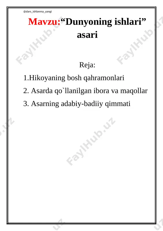 i... ko'ryapsizmi... esingizdami, oyi, ukamga alia aytardingiz. men allaning ohangiga mast bo'lib uxlab qolardim. o'sha beshikda men ham yotganman. allangizdan men ham orom olganman. nima qilay, oyi, men alia aytishni bilmayman. qabringizni silab qo'ysam orom olasizmi... mana, oyijon, mana... yo'q, yo'q, yig'layotganim yo'q. hozir, hozir o'tib ketadi. esingizdami, oyi siz bir marta, atigi bir marta, o'shandayam hazillashib: «meniyam kitob qilib yozsang-chi, o'g'lim» degandingiz. men: «sizning nimangizni kitob qilaman, oyi?» degan edim. xafa bo'lmang, men ham hazillashgan edim. mana o'sha kitob. yo'q, uni men yozganim yo’q. uni siz yozdingiz. men uni qog'ozga tushirib, odamlarga tarqatdim, xolos. men uni dunyodagi hamma onalar o'qishini xohlayman. bilaman, dunyodagi hamma onalar yaxshi. shundoq bo'lsayam, ularning hammasi sizga o'xshashini xohlayman… [image: c:\users\panda\desktop\novaya papka\o'. hoshimov\255415388_124592.jpg] qarz bir kuni gapdan gap chiqib, aka-ukalar oyimga hazillashdik: · haroypensiyaolasiz. shunchapulniqayoqqaqo'yayapsiz? sandiqqa bosyapsizmi? · sandiq qatta, bolam? — deb kuldi onam. — qarzlarim bor. o'shanga beraman-da. akamning qovog'i osildi. — qarz? …