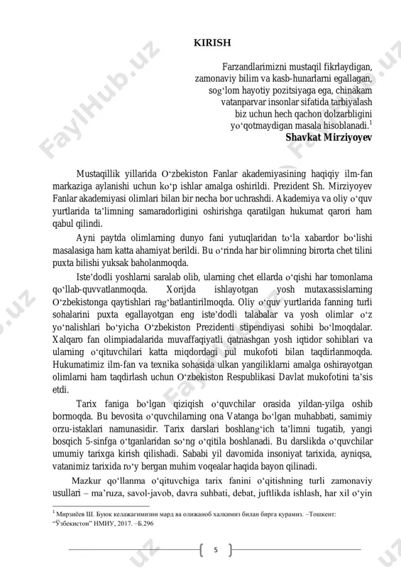 .........................................................104 vi bob. jahon ilm-fanining javohirlari 26-§. yurtimizda ilm-fan taraqqiyoti.....................................................................106 27-§. mirzo ulug‘bek va uning akademiyasi........................................................110 28-§. adabiyot va san’at ravnaqi...........................................................................115 29-§. yevropada ilm-fan kashfiyotlari..................................................................118 30-§. turkiston ma’rifatparvarlari.........................................................................123 vii bob. ozodlik uchun kurashgan qahramonlar 31-§. to‘maris va shiroq jasorati...........................................................................128 32-§. spitamenning qahramonligi..........................................................................129 33-§. arablarga qarshi xalq ozodlik kurashi..........................................................135 34-§. jaloliddin manguberdi – xalqimizning milliy qahramoni............................139 35-§. sohibqiron amir temur...............................................................................146 36-§. rossiya imperiyasi va sovet mustamlakachiligi...........................................153 37-§. o‘zbek xalqining otashqalb farzandi............................................................156 viii bob. o‘zbekistonning qadimgi shaharlari, tarixiy yodgorliklari 38-§. o‘zbekistonning tarixiy shaharlari...............................................................159 39-§. toshkent – 2200 yoshda.................................................................................162 40-§. o‘zbekistonning tarixiy-me’moriy yodgorliklari...........................................164 9 ix bob. insoniyat tarixidagi jahon urushlari 41-§. birinchi jahon urushi......................................................................................167 42-§. ikkinchi jahon urushi........