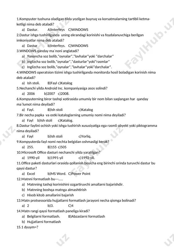 satri 6.qaysi satrda konteksli ma`lumot,rasmning olchami,kursorning holati aks etib turadi? a) sarlavha satri b.menyu satri c.holat satri. 7.qaysi satrda ochilgan tasvir nomi va panint.net versiyasi aks etadi? a) sarlavha satri. b.menyu satri c.holat satri 8.qaysi oynachada rasm bilan bajarilgan har bir amal saqlanib turadi? a) uskunalar oynasi b.tarix oynachasi. b) qatlamlar oynachasi 9.qaysi oynada paint.net dasturining asosiy uskunalari joylashgan? a) uskunalar oynasi. c.tarix oynachasi b) qatlamlar oynachasi 10.qaysi oynada barcha hosil qilingan qatlamlar bilan ochirish,qoshish,boshqarish,orinlarini almashtirish amallari bajariladi? a) uskunalar oynasi b.tarix oynachasi b) qatlamlar oynachasi. 11. 61.qaysi dasturda sohalarni belgilash,qirqib olish va ularni ustida amallar bajariladi? a) paint.net dasturida. b.wordpad c.excel 12.dastur interfeysida necha xil usulda belgilab olish imkoni mavjud? a) 2xil b.3xil. c.4xil 13.dastur uskunalar panelida sohani belgilab olishning nechta usuli berilgan? a) 2xil b.3xil c.4xil. 14.qatlam bu-----……? b) ishchi maydonning ustki qismiga joylashtirish mumkin bolgan korinmas mato. c) ishchi maydonning tashqi qismiga joylashtirish mumkin bolgan korinmas mato …
