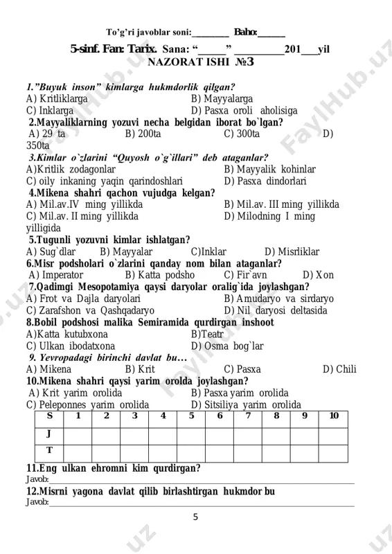 il 5 “oq kiyimlilar “ qo’zg’oloni boshlandi e mil.avv.329-yil 1-javobi: ______2-javobi:______ 3.javobi:____4.javobi:_____ 5.javobi:_____ baho:______ 5-sinf. fan: tarix. sana: “_____” _________201___yil nazorat ishi № 6 1.a.temur qachon va qayerda tug’ilgan? javob:_________________________________________________________________________ 2.a.temurning 660-yillik yubileyi qachon o’tkazildi? javob:_________________________________________________________________________ 3.chingizxon xorazm yurtiga nechanchi yil bostirib keldi? javob:_________________________________________________________________________ 4.minorai kalon qachon qurilgan ? javob:_________________________________________________________________________ 5.qachon o’zbekiston mustaqillikka erishdi? javob:_________________________________________________________________________ 6.”agar bizning quvvat va qudratimizga ishonmasangiz, bizning imoratlarimizga boqing”-so’z kimga tegishli? javob:_________________________________________________________________________ 7.samarqandga rasadxona qurdirgan shaxs… javob:_________________________________________________________________________ 8. chingizxon xorazmshohlar davlatiga qachon harbiy harakatlarni boshlab yuborgan? javob:_________________________________________________________________________ 9. jaloliddin manguberdi va chingizxon o’rtasidagi hal qiluvchi jang qayerda bo’lib o’tadi? javob:_________________________________________________________________________ 9 10.qachon j.manguberdining yubileyi o’tkazildi? javob:_________________________________________________________________________ 11. 2007 yilda toshkent shahri nima deb e`lon qilindi? javob:_________________________________________________________________________ 12.i.somoniy maqbarasi qachon kim tomonidan qurilgan? javob:_________________________________________________________________________ 13.oq saroy qayerda va kim tomonidan qurilgan? javob:__________________________________________________________