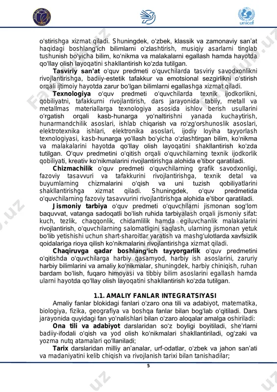 i matematik o‘lchovlar asosida notalarni, pauzalarni cho‘zimini hisob-kitoblarida, musiqiy o‘lchovlar (2/4,3/4, 4/4 va boshqalar)ni qo‘llashda hamda fikrlash qobiliyatlarini rivojlantirishda foydalanadilar; geometriya darslaridan gorizontal va vertikal chiziqlarni nota yo‘lida qo‘llashni o‘rganadilar; fizika darslaridan ovoz tembri, kuchi va ovoz chastotalari va diapozonlarni hosil bo‘lish qonuniyatlaridan foydalanadilar; biologiya darslaridan inson organizimining tuzilishi, qon tomir tizimi, og‘iz bo‘shliqlari va nafas yo‘llarini faoliyatini o‘rganadilar; geografiya darslarida mamlakatlarning geografik joylashuvi iqtisodiyotda va madaniy rivojlanishida tutgan o‘rni haqidagi ma’lumotlardan foydalanadilar. informatika darslarida o‘rganilgan turli grafik dasturlarga innovatsion yondashgan holda, nota va ovoz muharririning turli dasturlaridan foydalanishni, boshqarish asoslarini, diagramma tuzishni o‘rganadilar. 7 2. umumiy o‘rta ta’lim bitiruvchilariga amaliy fanlar bo‘yicha qo‘yiladigan talablar 2.1. estetik madaniyat va ijodkorlik kompetensiyasi go‘zallik va san’atni idrok etadi; mustaqil ishlashga ijodiy yondashib, kreativ fikrlaydi; yakka va jamoa bilan hamkorlikda ijodiy faoliyat yuritadi; ijodiy faoliyatini to‘g‘ri rejalashtirib, erishilgan natijasini tanqidiy baholay oladi va o‘z mehnatidan zavqlana oladi; muammolar yechimiga muqobil yondashadi va to‘g‘ri …