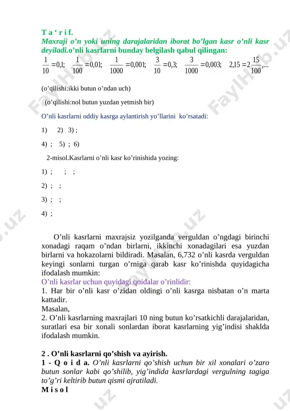 chunchi xona -mingdan birlar xonasi deb ataladi va hokazo . endi qo’shimcha ma’lumotlarni berishga harakat qilamiz . [image: 17-rasm] [image: ] [image: 18-rasm] [image: ] [image: 19-rasm] mustahkamlash : [image: ] o’quvchilarni darsda aktiv qatnashgan o’quvchilarni rag’batlantiriladi va baholanadi . dars so’ngida oldimizga qo’yilgan barcha maqsadlarimizni bajarishga harakat qildik . baliq skaleti bo’yicha yechimlarni topishga intildik . muammo muammo muammo muammo hal qilish hal qilish hal qilish hal qilish uyga vazifa :20 va 21 –misollar . foydalanilgan adabiyotlar : 1.5-sinf drasligi .-2011yil 2.metodik qo’llanma 2015 yil 3.ziyonet saytlari. 4.malaka oshirish kurslaari va seminarlardan olingan bilimlar . image4.wmf 3 , 2 10 3 2 10 23 = = oleobject1.bin image5.wmf 71 , 0 100 71 = oleobject2.bin image6.wmf ; 10 7 7 , 1 = oleobject3.bin image7.wmf ; 100 12 12 . 0 = oleobject4.bin image8.wmf 100 7 100 07 07 , 0 = = oleobject5.bin image9.wmf 1000 7 1 007 …