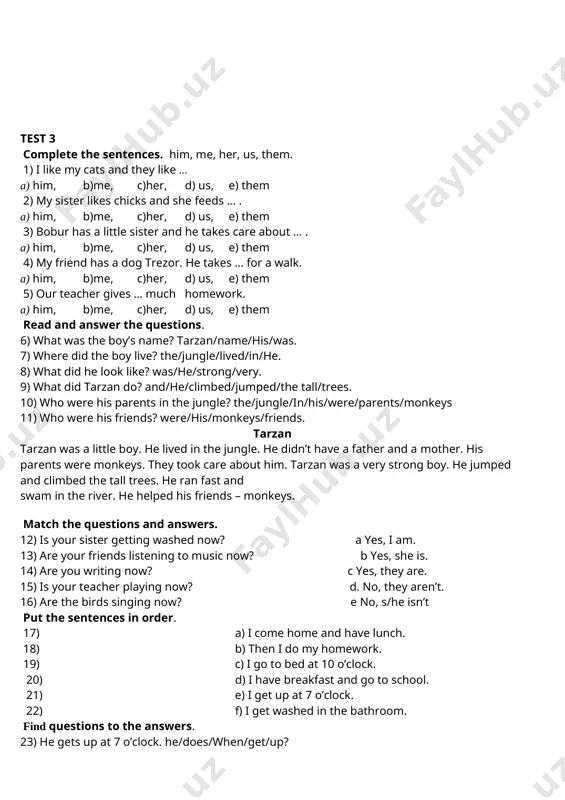 answer key: 1b 2c 3a 4c 5c 5 listen and write the answers to the questions. (5x2=10) dvd script: today’s the 18th of may. it’s six o’clock in the morning. mary gets up and goes to the garden. there are a lot of trees and flowers in the garden. mary’s mother likes roses. mary takes roses and goes home. she sits down at the desk and draws a picture for her mother. when her mother and father get up they see beautiful flowers and a picture. little mary says, “happy birthday to you, mummy.” father smiles because he has a present too. he gives her a big cake. mother is happy. she says, “thank you”. they laugh and go to the kitchen to have tea and cake. 1 what season is it? a) summer b) spring c) autumn 2 when does mary get up? a) 5.30 p.m b) 6.00 p.m. …