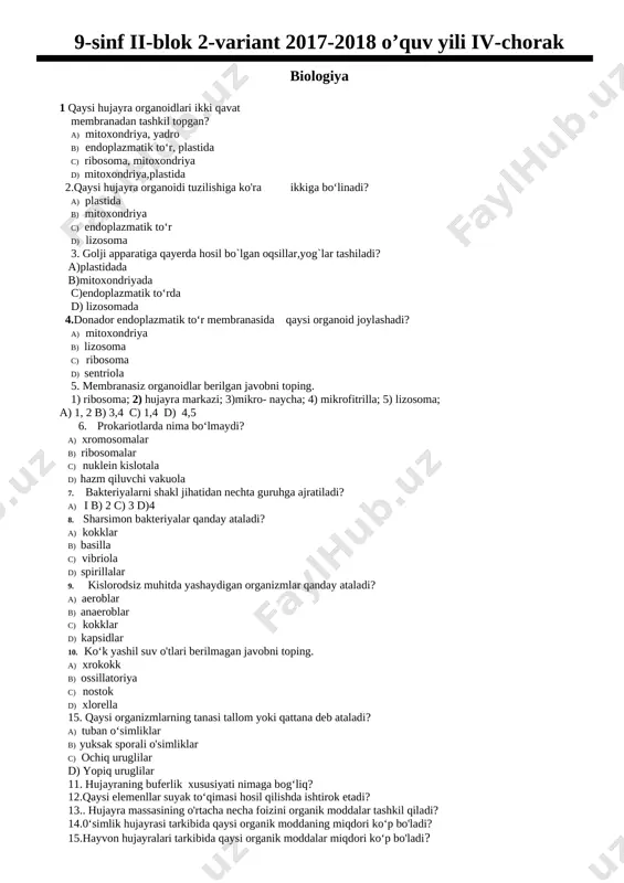 __ 12. brom birikmalarida anday oks darajalarini namoyon qila oladi ?--------------------------------------------------------------------- 13 0.5mol 2,2,3,trimetilbutandagi uglerod massasi ? ______ 14. 0.25mol etilen olish uchun necha gramm etil spirti zarur ___ 15 laboratoriyada vodorod sulfid qaysi reaksiya yordamida olinsdir-ya teng yozing _________________ [bookmark: _goback]9-sinf ii-blok 2-variant 2017-2018 o’quv yili iv-chorak rus tili 1. na kakoy vopros otvechaet pridatochnoe opredelitelnoe predlojenie? a) kakoy? v) gde? s) kogda? d) pochemu? 2. chto oznachaet frazeologizm "kak svoi pyat paltsev"? a) znat ochen xorosho v) ploxo s) naedine d) govorit bezotvetstvenno 3. v kakom predlojenii est pridatochnoe mesta? a) ya ne prishyol na urok, potomu chto zabolel. v) oni naznachili vstrechu tam, gde naxoditsya teatr imeni alishera navoi. s) kniga, kotoruyu ya vzyal v biblioteke, bila interesnaya. d) dul veter, shyol silniy dojd. 4. chto takoe pryamaya rech? a) chujaya rech, peredannaya bez izmeneniy v) chujaya rech, peredannaya ne do kontsa s) chujaya rech, peredannaya s …