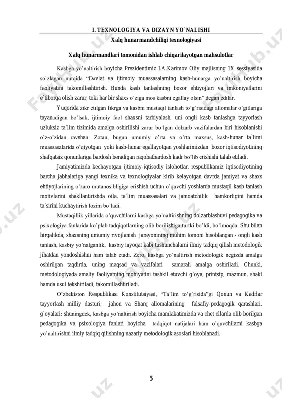lmiy tadqiq qilishning nazariy metodologik asoslari hisoblanadi. 6 xalq hunarmandchiligida foydalanilayotgan materiallar, asbob-uskunalar oymakorlik asbob-uskunalari va ulrni ishchi holatga tayyorlash. yog`och oymakorligi ustaxonasida o’quvchi turli yumushlarni bajarishga to’g`ri keladi. jumladan, chizmachilik, naqqoshlik, duradgorlik, oymakorlik va hokazo ishlarni tashkil etishda jarohatsiz faoliyat ko’rsatishga erishmoq uchun avvalo asbob-uskunalarni ko’zdan kechirib chiqmoqni taqoza etadi. “men bu moslamada ishlamoqdaman” deb ikkinchi moslamaga e`tiborsizlik turli ko’ngilsiz holatlarni keltirib chiqarishi mumkin. faoliyatni boshlashdan avval albatta maxsus ish kiyimini kiyib olish zarur. turli asboblar bilan ishlashda, masalan, oymani bajarish uchun iskana va bolg`ani (yog`och to’qmoq, kiyankani) ushlash qoidalariga amal qilgan holda, ya`ni iskanani bo’shroq, bolg`ani esa qattiqroq siqib ushlash zarur. yog`och oymakorligida taxtachalarni oymaga tayyorlab olingach unga moslab axta (ulgi, nusxa)sini va xokazo tayyorlab olinadi. naqshning har bir elementini, qismini, turini, guruhini oyishda “oddiydan murakkabga, osondan qiyinga” tamoyiliga rioya qilib borish lozim. naqshlarning qanaqa guruhga mansubligi, tayyorlanadigan buyumning katta yoki kichikligiga qarab, dastlab naqshning yarim gajak, gajak, …