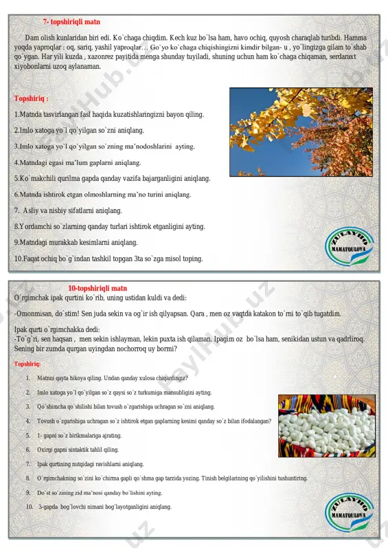 ni ayting. 3. qo`shimcha qo`shilishi bilan tovush o`zgarishiga uchragan so`zni aniqlang. 4. tovush o`zgarishiga uchragan so`z ishtirok etgan gaplarning kesimi qanday so`z bilan ifodalangan? 5. 1- gapni so`z birikmalariga ajrating. 6. oxirgi gapni sintaktik tahlil qiling. 7. ipak qurtining nutqidagi ravishlarni aniqlang. 8. o`rgimchakning so`zini ko`chirma gapli qo`shma gap tarzida yozing. tinish belgilarining qo`yilishini tushuntiring. 9. do`st so`zining zid ma’nosi qanday bo`lishini ayting. 10. 3-gapda bog`lovchi nimani bog`layotganligini aniqlang. 8- topshiriqli matn bobur temuriylar sulolasining so`nggi yirik vakili edi. u tadbirkor va jasur lashkarboshi, dono va adolatli hokim, fozil va o`qimishli inson, ajoyib lirik shoir, ilmning turli sohalaridan yaxshigina xabardor bo`lgan yetuk olim edi. uning “boburnoma” asari haligacha sharq adabiyotidagi benazir asar xisoblanadi. topshiriq: 1.matndan foydalanib zahiriddin muhammad bobur haqida bilganlaringizni bayon qiling. 2.matndagi sifatlarni tarkibiga ko`ra tasniflang. 3. atoqli otlarning yozilishini tushuntiring. 4.olmoshlarning sintaktik vazifasini aniqlang. 5.imlo xatoga yo`l qo`yilgan so`zni aniqlang. 6. matnda qanday bo`lak uyushib kelganini aniqlang. …