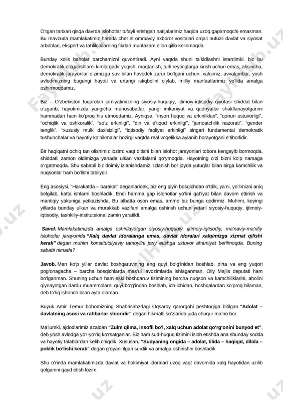 va armonlari ham mujassam, desak, adashmagan bo‘lamiz. insoniyat tarixi shundan dalolat beradiki, har qaysi xalq hayotidagi ma’naviy uyg‘onish jarayonlari milliy o‘zlikni anglashga olib keladi hamda mamlakatning iqtisodiy, madaniy taraqqiyotini yangi bosqichga ko‘taradi. bunday ijtimoiy noyob hodisa “renessans” – uyg‘onish, qayta tiklanish, yuksalish deb atalishi barchamizga ayon. ma’lumki, bugungi o‘zbekiston zamini qadimda ikki buyuk uyg‘onish davriga – birinchi (ma’rifiy – ix-xii asrlar) va ikkinchi (temuriylar – xiv-xv asrlar) renessansga beshik bo‘lgan. bu – jahon ilm-fanida o‘z isbotini topgan va tan olingan tarixiy haqiqatdir. hozirgi vaqtda mamlakatimizda yana bir muhim uyg‘onish jarayoni kechmoqda. shuning uchun “yangi o‘zbekiston” va “uchinchi renessans” so‘zlari hayotimizda o‘zaro uyg‘un va hamohang bo‘lib yangramoqda, xalqimizni ulug‘ maqsadlar sari ruhlantirmoqda. bugungi kunda o‘zbekiston demokratik o‘zgarishlar, keng imkoniyatlar va amaliy ishlar mamlakatiga aylanib bormoqda. aynan mana shu jarayon men uchun islohotlarimizning eng katta natijasidir. chunki, maqsadning aniqligi – harakatlar samarasini ta’minlaydigan eng muhim mezondir. agar biz bundan besh yil oldin …