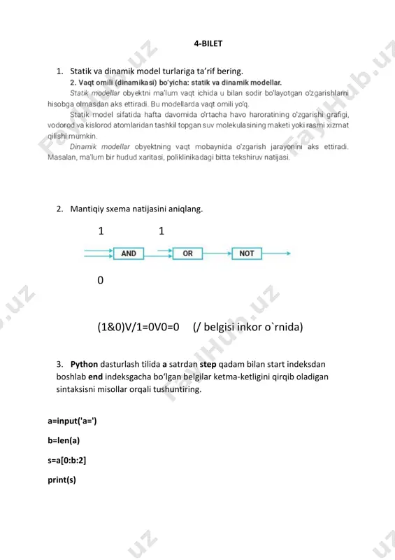 0 0 0 1 1 0 0 0 1 1 1 0 0 0 0 0 1 0 1 0 1 0 0 0 0 1 1 1 0 1 0 0 0 0 1 1 1 1 1 3. python dasturlash tilida (math.floor(math.sqrt(156))+math.ceil(-23.48) ni hisoblang. 28-bilet 0 1. 0blok-sxema tuzishda foydalaniladigan geometrik figuralar va ularning vazifasi haqida tushuntiring. 2. quyidagi sxemaning chiqishi nol bo‘lishi uchun, kirishda qanday qiymatlar bo‘lishi kerak. v 1 & ⏋ 3. rombning tomoni 5 ga, diagonallaridan biri 6 ga teng. rombning yuzini hisoblash dasturini tuzing. from math import* a=5 0 1 1 0 0 0 0 0 d1=6 d11=d1/2 d22=sqrt(pow(a,2)-pow(d11,2)) d2=2*d22 s=d1*d2 print(s) 29-bilet 1. foydalanish sohasi bo‘yicha model turlariga ta’rif bering. 2. quyidagi sxemaning natijasini aniqlang. 0 0 1 ⏋ & 0 javob- 0 ⏋ ┐ 2. “in”, “ter”, “faol” qism so‘zlaridan so‘z hosil qilib ekranga chiqaring. print('in'+'ter'+'faol') 30-bilet 1. algoritmning grafik shaklda tasvirlanishi …