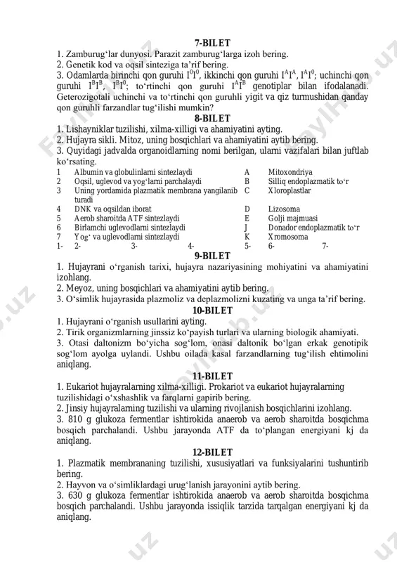 ik tarzida tarqalgan energiyani kj da aniqlang. 13-bilet 1. sitoplazma, umumiy va xususiy organoidlarga ta’rif bering. hujayra kiritmalarini izohlang. 2. ontogenez. embrional rivojlanish bosqichlari haqida ma’lumot bering. 3. glikoliz jarayonida 6300g glukoza parchalangan bo‘lsa hujayrada qancha sut kislota hosil bo‘ladi ? 14-bilet 1. hujayraning umumiy organoidlari. endoplazmatik to‘r tuzilishi, xillari va ahamiyatiga ta’rif bering. 2. ontogenez. postembrional rivojlanish turlarini misollar bilan tushuntiring. 3. oqsilning massasi 48000 ga teng bo‘lsa, shu oqsilga mos i-rnk dagi va dnk dagi nukleotidlar sonini aniqlang. 15-bilet 1. hujayraning umumiy organoidlari. ribosomalar, golji majmuasining tuzilishi va ahamiyatiga ta’rif bering. 2. mendelning birinchi va ikkinchi qonunlari. monoduragay chatishtirish. 3. anaerob nafas olish jarayonida sitoplazmada 22 molekula sut kislota hosil bo‘ladi. parchalangan glukozaning miqdorini (g) aniqlang. 16-bilet 1. mitoxondriyaning tuzilishi va funksiyasini tushuntirib bering. 2. diduragay chatishtirish. mendelning uchinchi qonunini misollar bilan tushuntirib bering. 3. bir zanjirda gtcaaatgcgatagtcctattat nukleotidlar ketma-ketligi bo‘lgan dnk molekulasidagi vodorod bog‘lar sonini va dnk …