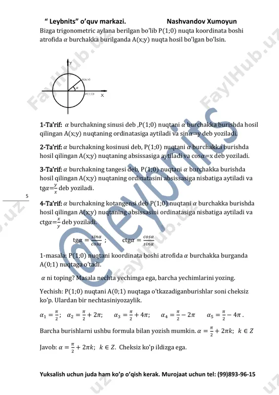 i deb ataladigan ushbu formulalar qo’laniladi sin ( ) sin ( ) sin 𝜋 cos ( ) cos ( ) cos 𝜋 “ leybnits” o’quv markazi. nashvandov xumoyun yuksalish uchun juda ham ko’p o’qish kerak. murojaat uchun tel: (99)893-96-15 11 sin 𝜋 sin ( ) sin ( ) sin 𝜋 sin 𝜋 cos 𝜋 cos ( ) cos ( ) cos 𝜋 cos 𝜋 tg ( ) tg ( ) tg 𝜋 tg 𝜋 tg ( ) tg ( ) tg 𝜋 tg 𝜋 ctg ( ) ctg ( ) ctg 𝜋 ctg 𝜋 ctg ( ) ctg ( ) ctg 𝜋 ctg 𝜋 2-eslatma: sinusini kosinusga, kosinusni sinusga, tangensni kotangensga,kotangensni tangensga almashtirishda ushbu keltirish formulalaridan foydalaniladi. sin cos masalan: sin cos 1-misol: soddalashtiring: