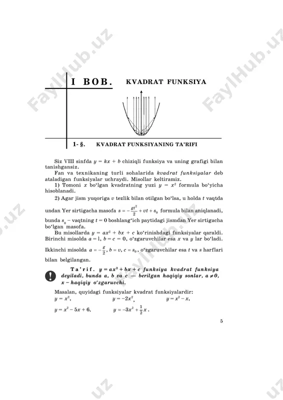 ; 2) 25 dan katta emas; 3) 16 dan kichik emas; 4) 36 dan kichik bo‘ladi? 3- §. y = ax2 funksiya 1- m a s a l a . y = 2x2 funksiyaning grafigini yasang. ó = 2õ2 funksiyaning qiymatlar jadvalini tuzamiz: –3 –2 –1 0 1 2 3 18 8 2 0 2 8 18 topilgan nuqtalarni yasaymiz va ular orqali silliq egri chiziq o‘tka- zamiz (3- rasm). y = 2x2 va y = x2 funksiyalarning grafiklarini taqqoslaymiz (3- rasm). x ning aynan bir qiymatida y = 2x2 funksiyaning qiymati y = x2 funk- siyaning qiymatidan 2 marta ortiq. bu y = 2x2 funksiya grafigining har bir nuqtasini y = x2 funksiya grafigining xuddi shunday abssissali nuqtasining ordinatasini 2 marta orttirish bilan hosil qilish mumkin- ligini bildiradi. y = 2x2 x 11 y = 2x2 funksiyaning grafigi y = x2 funksiya grafigini ox o‘qidan oy o‘qi bo‘yicha 2 …