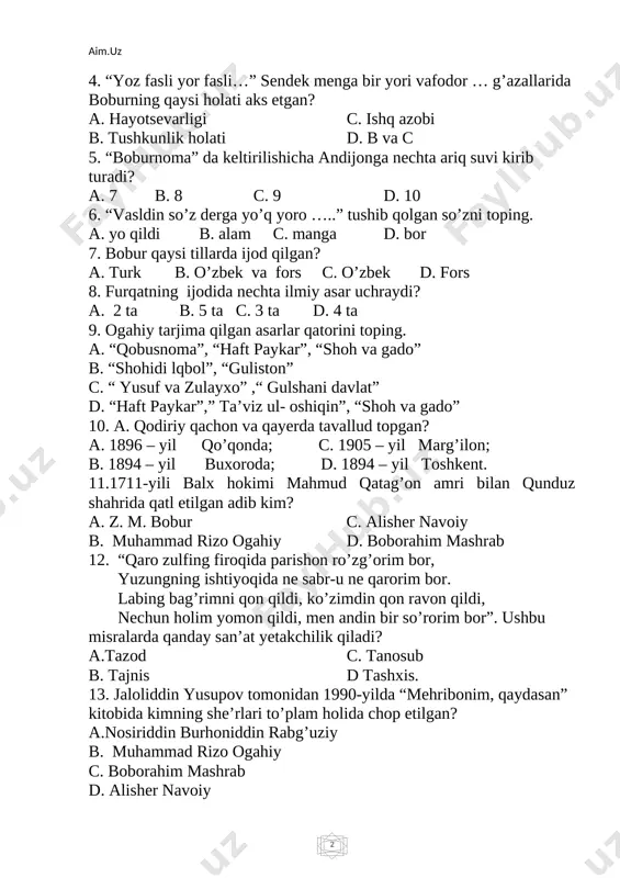 ir 9 yoshida yozgan edi? a. cho’lpon b. g’. g’ulom c. fitrat d. furqat 3. boburning aruz vazniga bag’ishlangan asari qaysi? a. “muxtasar” c. “mahbub ul-qulub” b. “boburnoma” d. “mezon ul-avzon” 4. abdulla oripovning ilk to’plami qaysi? a. “ruhim” c. “yillar armoni” b. “mitti yulduz” d.“yurtim shamoli” 5. mirzo abdullatif kimning qaysi asari qahramoni? a. a. qodiriy “o’tgan kunlar” b. oybek “qutlug’ qon” c. odil yoqubov “ulug’bek xazinasi” d. cho’lpon “kecha va kunduz” 6. “yusuf savdosida beqaror zulayho ismidin, majnun ishqida yig’lagan layli otidan – sizga boshimdag’i sochlarimning tuklaricha behad salom. mendan had-u hisobsiz gunoh, sizdan kechirish…”. mazkur parcha qaysi asardan olingan? a.cho’lpon “kecha va kunduz” b. cho’lpon “do’xtur muhammadiyor” c. a.qodiriy “mehrobdan chayon” d. a.qodiriy “o’tgan kunlar” 7. “xaloyiq! bo’sh kelmanglar, oyoqni tirash kerak, mushtni ko’rsatish kerak. jamiki kambag’al xalq qo’lni qo’lga berib, yaktan bo’lib tursa, kimning haddi bor mardikor olishga...” ushbu nutq kimga tegishli? a. a. qodiriyning “o’tgan …
