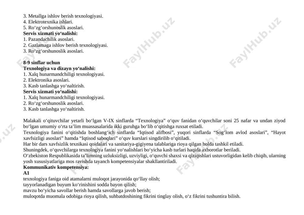 arixiy obidalarni bilish. a1+ san’at turlarini bilish va ularni bir-biridan farqlay olish, san’at asarlarini tahlil qilish, maktabning ichki tartib-qoidalariga rioya qilish; yaxshi va yomon odatlarni bir-biridan farqlay olish, ziyorat qilish odobiga amal qilish, milliy qadriyatlarni (milliy-madaniy an’analar, bayramlar, sayillar) bilish. matematik savodxonlik, fan va texnika yangiliklaridan xabardor bo‘lish hamda foydalanish kompetensiyasi: a1 oilasida nechta odam borligi, kim katta, kim kichikligini bilish, maktabga kelib ketadigan vaqtni bilish; kundalik rejalarini tuza olish; kundalik faoliyatda turli chizmalarni chiza olish, mamlakatimizdagi bayram kunlarini bilish; isrof va tejamkorlikning ma’nosini tushunish va kundalik hayotda unga amal qilish. a1+ dars jarayonida zarur bo‘ladigan o‘quv qurollari, xomashyolardan tejamkorlikka rioya qilgan holda foydalanish, bir kunlik xarajatlarini hisoblashni bilish; texnika turlari va ularni qachon paydo bo‘lganligini bilish. kommunikativ kompetensiya: a2 texnologiya faniga oid atamalarni xorijiy tillardan ifodalay olish, o‘z do‘stlari bilan texnika tilida muloqotga kirisha olish; mavzudan kelib chiqib savollarni mantiqan to‘g‘ri qo‘ya olish va javob berish; o‘zaro muloqotda muomala …