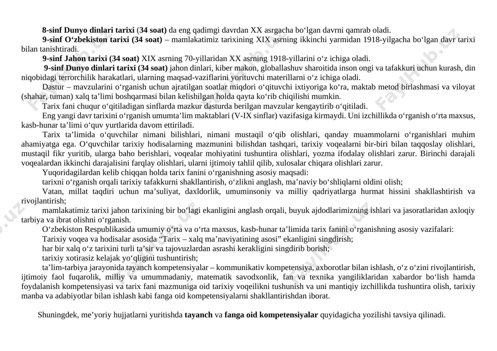etensiyasi: 2. fk2- tarixiy manba va adabiyotlar bilan ishlash kompetensiyasi. 2020-2021-o`quv yili 5-sinflar uchun “tarix” fanidan yillik taqvim reja (haftasiga 2 soatdan jami 68 soat) t/r mavzu nomi soati rejada amalda uyga vazifa 5 a 5 b 5v 5 a 5 b 5 g i-chorak 1 kirish. o‘zbekiston — vatanim manim 1 2 tarixiy manbalar 1 3 amaliy dars: siz viloyatingiz, shahringiz, tumaningiz, qishlog‘ingiz va mahallangizning tarixini bilasizmi? 1 4 kalendarlar tarixidan 1 5 xronologiya haqida 1 6 tarixda yil hisobi 1 7 tarixni o‘rganishda arxeologiyaning o‘rni 1 8 dunyo xaritasi tarixi 1 9 takrorlash 1 10 eng qadimgi odamlar va ularning manzilgohlari 1 11 eng qadimgi odamlar va ularning manzilgohlari 1 12 nazorat ishi 1 13 san’atning paydo bo‘lishi 1 14 yozuv – insoniyatning buyuk kashfiyoti 1 15 “avesto” – ajdodlarimiz yaratgan ilk yozma tarixiy manba 1 16 muzeylar 1 2020-2021-o`quv yili 6-sinflar uchun “tarix” fanidan yillik taqvim reja …