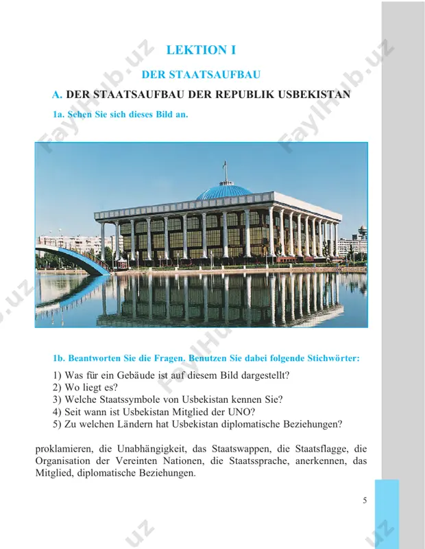 ische partei, die volks demokratische partei, die partei der nationalen wiedergeburt und die sozialdemokratische partei adolat. im neuen parlament sind zwei bewegungen vertreten: kamolot und grüne (umwelt). der senat mit seinen 100 senatoren ist die vertretungskammer der gebiete. 2. der präsident. der präsident ist das staatsoberhaupt. er wird in allge- meiner, gleicher und direkter wahl von den bürgern für eine fünfjährige amtszeit gewählt. der präsident vertritt das land im in – und ausland, er 7 ² schließt verträge mit anderen staaten, bildet den apparat der exekutive, koordiniert die tätigkeit der höchsten staatsorgane, bildet die ministerien und staatskomitees und löst sie auf. erlasse und resolutionen des präsidenten in allen genannten bereichen werden zur bestätigung an beide kammern des parlaments weitergeleitet. 3. die exekutive. die ausführende macht ist durch das ministerkabinett vertreten, das vom präsidenten auf vorschlag des premierministers gebildet wird. der vom präsidenten vorgeschlagene kandidat für das amt des premierministers muss …