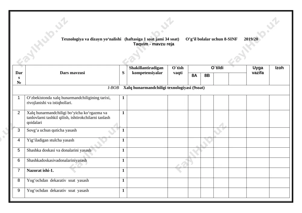 logik loyihalash hamda amalga oshirish kompetensiyasi: 2. fk2-psixomotor, funksional hamda amaliy faoliyat turlarini bajarishdagi operatsion kompetensiya: 3. fk3-to‘g‘ri va ongli kasb tanlash, ijtimoiy munosabatlarga kirisha olish kompetensiyasi: texnologiya va dizayn yo‘nalishi (haftasiga 1 soat jami 34 soat) o’g’il bolalar uchun 8-sinf 2019/20 taqvim - mavzu reja dars № dars mavzusi s shakillantiradigan kompetensiyalar o`tish vaqti o`tildi uyga vazifa izoh 8a 8b i-bob xalq hunarmandchiligi texnologiyasi (9soat) 1 o‘zbekistonda xalq hunarmandchiligining tarixi, rivojlanishi va istiqbollari. 1 2 xalq hunarmandchiligi bo‘yicha ko‘rgazma va tanlovlarni tashkil qilish, ishtirokchilarni tanlash qoidalari 1 3 sovg‘a uchun quticha yasash 1 4 yig‘iladigan stulcha yasash 1 5 shashka doskasi va donalarini yasash 1 6 shashkadoskasivadonalariniyasash 1 7 nazorat ishi-1. 1 8 yog‘ochdan dekarativ soat yasash 1 9 yog‘ochdan dekarativ soat yasash 1 ishlab chiqarish asoslari (7 soat) 10 o’zbekistonda ishlab chiqarish turlari. 1 11 texnologik jarayon haqida tushuncha. 1 12 suvquvurlarivakanalizasiya 1 13 oddiy smesititel qurilmalarini tuzatish …