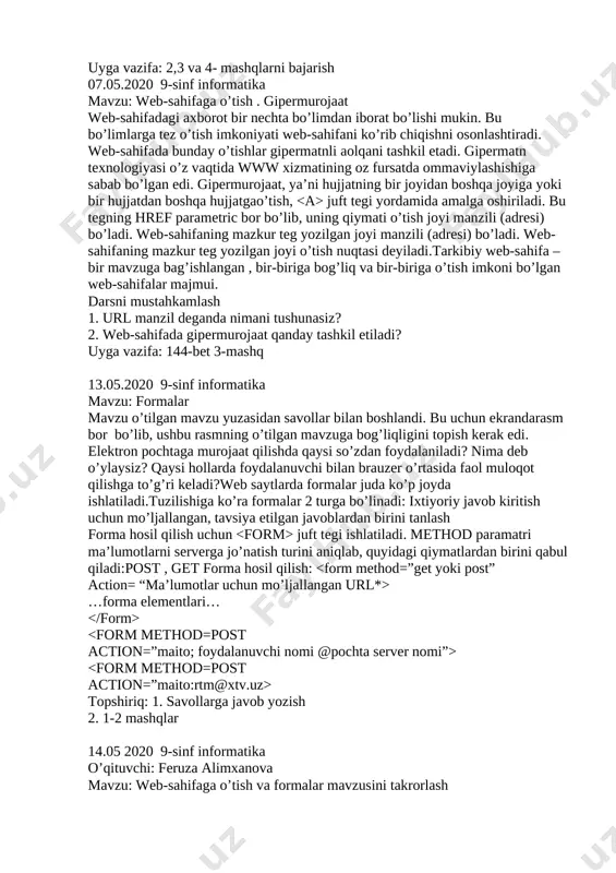 xuddi shunday, jadvalning ham atrofida matn joylashtirish imkoni bo’lib, matn jadvalning faqat chap yoki o’ng tomoniga joylashtirilishi mumkin. buning uchun tegi align parametric bilan birga ishlatiladi, masalan, . agar jadval web-sahifani chap tomoniga tekislansa, matn jadvalning o’ng tomonida aks etadi va aksincha. shuni ta’kidlash joizki, katakcha ichidagi ma’lumotlarni formatlash uchun sarlavha, matn va rasmlarni formatlash uchun ishlatilgan barcha teglardan foydalanish mumkin. jadval, satr v katakchalar chegara chiziqlarini rangini o’zgartirish bordercolor parametric orqali amalga oshiriladi. uyga vazifa: 2,3 va 4- mashqlarni bajarish 07.05.2020 9-sinf informatika mavzu: web-sahifaga o’tish . gipermurojaat web-sahifadagi axborot bir nechta bo’limdan iborat bo’lishi mukin. bu bo’limlarga tez o’tish imkoniyati web-sahifani ko’rib chiqishni osonlashtiradi. web-sahifada bunday o’tishlar gipermatnli aolqani tashkil etadi. gipermatn texnologiyasi o’z vaqtida www xizmatining oz fursatda ommaviylashishiga sabab bo’lgan edi. gipermurojaat, ya’ni hujjatning bir joyidan boshqa joyiga yoki bir hujjatdan boshqa hujjatgao’tish, juft tegi yordamida amalga oshiriladi. bu tegning href parametric bor bo’lib, uning qiymati …