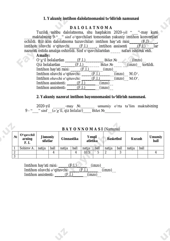 2 5 talab qilingan mashq ishonchsiz, elementlar bajarilishida qo‘pol xatolarga yo‘l qo‘yilib, sport anjomlaridan foydalanishda xavfsizlik texnika qoidalariga rioya etilmasa, harakat sust bo‘lib, mashq to‘liq bajarilmasa. 1 amaliy sinov - mashqlari (qiz bolalar) 1-bilet 1. umumiy jismoniy tayyorgarlik. bir oyoqda o‘tirib turish (gimnastik narvonni bir qo‘lda ushlagan holatda) me’yor: (2 oyoq yig‘indisi) o‘ng va chap oyoqlardlar texnikasiga ahamiyat qaratgan holda baholash 16 -“5”, 14-“4”, 12-“3”, 10-“2” 2. gimnastika. gimnastik o‘rindiqqa tayanib, qo‘llarni bukish va yozish. me’yor: (marta) 13 – 10 – 7 – 5. 3. yengil atletika. pastgi startdan 60 metrga yugurish. me’yor: (soniya) 9,5 – 9,7 – 10,0 – 10,5. 4. gandbol. to‘pini texnikaga ahamiyat qaratgan holda 30 metr masofaga to‘pni urib yugurish. me’yor: (soniya) 6,8 – 6,9 – 7,0 – 7,2. 5. kurash. yiqilishdan saqlanish usullari ( chapga, o‘nga) me’yor: usullarini to‘g‘ri bajarish. 2-bilet 1. umumiy jismoniy tayyorgarlik. chalqancha yotgan holatda gavdani ko‘tarish me’yor: (marta) 25-23-20-15 2. gimnastika. …