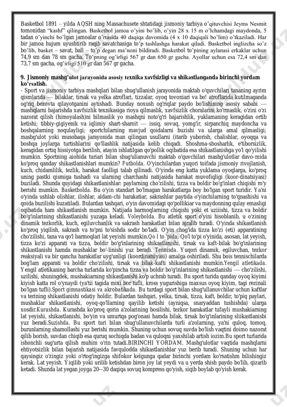 ional va eng samarali usullari tushuniladi. sport texnikasi harakatlar shakligina emas. yengil atletika mashqi qanday usulda bajarilmasin, u har doim sportchining ongiga , uning irodaviy va jismoniy fazilatlariga ma`lum malakalarga , organ va sistemalarining funksional tayyorgarlik darajasiga, tashqi muxitning ma`lum sharoitidagi harakat faoliyatiga bog`liqdir. har bir yengil atletik mashqning o`z shakli va mazmuni bor. mashq shakli-harakatlarning, yo`nalishlarning, amplitudalarning, ayrim zvenolar tezligining,sur`atining, ritmining va yaxlit faoliyatidagi bir vaqtda va ketma-ket ijro etiladigan harakatlar muayyan mosligining kinematik to`zilishidir. yugurish, sakrash va uloqtirish texnikasi biomexanika nuqtai nazaridan ratsional bulishi kerak. harakat yoki ishni erkin , yengil ortiqcha qiynalmay bajaradigan bulishi juda muxim. xatto maksimal kuchlanish kerak xatto maksimal kuchlanish kerak sportchining nafas olishi – sport texnikasining uzviy qismidir. nafas tezligi va chuqurligi , nafas olish va chiqarish fazalarining davom etish vaqti va pauzalar harakat yo`nalishi, amplitudasi va ritmi bilan, sportchiga qanchalik zur kelayotgani bilan shartli-reflektor bog`liqdir. sport mashqlari texnikasini ma`lum sharoitlarda yaxlit ishni …
