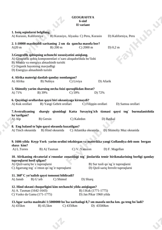 gi gollandiya deb nom bergan shaxs kim? a) l.torres b) a) tasman c) v. yanszon d) f. magellan 10. afrikaning ekvatorial o`rmonlar zonasidagi tog` jinslarida temir birikmalarining borligi qanday tuproqlarni hosil qilgan? a) qizil-sariq bo`z tuproqlarni b) sur tusli qo`ng`ir tuproqlarni c) jigarrang tog` o`rmon qo`ng`ir tuproqlarni d) qizil-sariq ferrolit tuproqlarni 11. 3600 c yo’nalish qaysi tomonni bildiradi? a) janub b) g’arb c) shimol d) sharq 12. hind okeani chuqurligini kim nechanchi yilda aniqlagan? a) a. tasman (1642-1643) b) j.kuk (1771-1775) c) vasko da gama (171-1775) d) jan pikar 1960 yilda 13.agar xarita mashtabi 1:5000000 bo`lsa xaritadagi 8,7 sm masofa necha km. ga teng bo`ladi? a) 435km b) 43,5km c) 4350km d) 43500km 14. ufqning shimol va sharq tomonlari orasida qaysi oraliq va kichik oraliq tomonlari bor? a) shimoli-g`arb, shimol-shimoli-g`arb, shimoli-g`arb-g`arb b) shimoli-sharq, shimol-shimoli-sharq, shimoli-sharq-sharq c) shimoli-sharq, shimol-shimoli-g`arb, shimoli-g`arb-g`arb d) shimoli-g`arb, shimol-shimoli-sharq, shimoli-sharq-sharq 15.antraktida materikda qanday foydali qazilmalar borligidan dalolat …