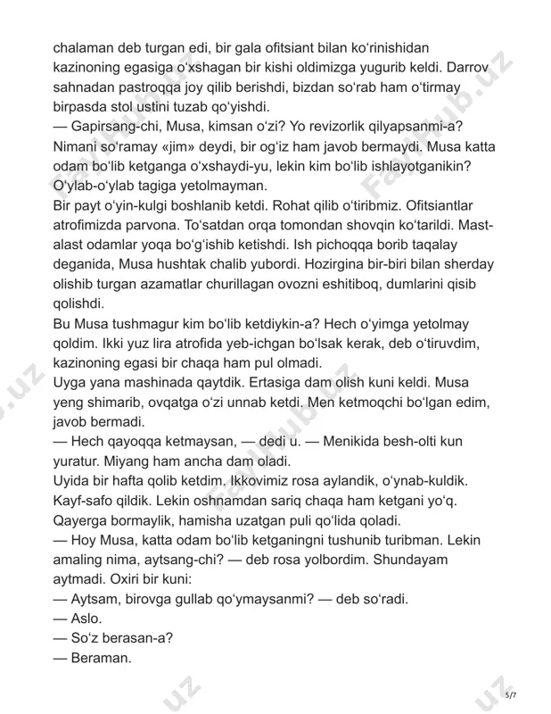 vdim. odam ko‘p, menga navbat tegishiga ko‘zim yetmaydi. qo‘limdagi zanjirli hushtagimni o‘ynab, g‘ijinib turgandim, nima bo‘lib ham beixtiyor uni chalib yuboribman. shu zahotiyoq bir kishi oldimga yugurib kelib, salom berdi. mening o‘rnimda bo‘lganingda sen nima qilarding shunaqada? — hayronman. — bilasanmi, men nima qildim? «tartib o‘rnating, o‘g‘lim», dedim-da, indamay ketaverdim. nariroq borib ko‘rsam, ko‘chadan o‘tishning hecham iloji yo‘q. yana hushtak chaldim. g‘izillab ketayotgan mashinalar taqataq to‘xtab qoldi. ko‘chaning narigi betiga bemalol o‘tib oldim. oldiniga rosa hayron bo‘ldim, lekin chuqurroq o‘ylab ko‘rsam, hushtakda chindan ham hikmat ko‘p. bizda hamma ishlar shuning amri bilan qilinmaydimi, axir? hushtak chalinsa, kemalar yo‘lga chiqib, poyezdlar joyidan jiladi. mashinalar hushtak bilan to‘xtaydi. yoqa bo‘g‘ishganlarni u bir zumda yarashtirib qo‘yadi. uning ovozini eshitib, ba’zan odamlar tiraqaylab qochishadiyam. masalan, hozir men uni bir churillagib qo‘ysam, hamma kaklik bolasiday in-iniga kirib ketadi. ha, do‘stim, bizning yurtimizda hamma narsa hushtakka bog‘liq ekanini men o‘shanda tushundim. shu-shu meni hushtak boqib kelyapti. …
