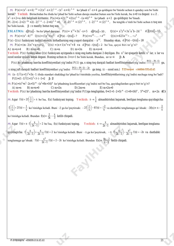 z–2y) – (3z–2y) 3 = –3(3z–x)(x–2y)(3z–2y) 2) ayniyatdan a ni toping. (ax+2y)(3x+by)=cx2+7xy+y2 yechish: bu tenglik ayniyat bo‟lishi uchun: chap tomondagi x2 oldidagi son o‟ng tomondagi x2 oldidagi songa teng bo‟lishi kerak; chapdagi xy oldidagi son o‟ngdagi xy oldidagi songa teng bo‟lishi kerak; ozod sonlar ham xuddi shunday. 3ax2+abxy+6xy+2by2=cx2+7xy+y2 , 3ax2+(ab+6)xy+2by2=cx2+7xy+y2 5,0 2a ,15,0 6c ,23 12 76 3               b a c b ab ca j: a=2 3) xy+xz+yz=16 bo‟lsa, x2+y2+z2 ifodaning eng kichik qiymatini toping. yechish: 16 : 16 2yz22)2( 2 2 2 4)( 4)( 4)( 2 2 2 2 mavzusidan nazariyasilinish bo' 222 222 22 22 22 2 2 2 j zyx xzxyzyx yzzy xzzx xyyx yzzy xzzx xyyx yzzy xzzx xyyx xy yx                      …