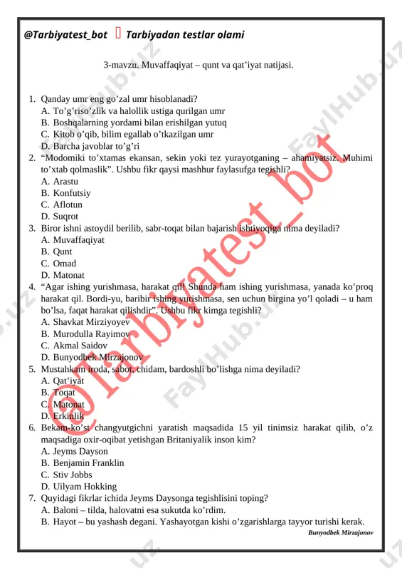 diy fikri to’g’ri berilgan qatorni toping? a. insonning yashashdan maqsadi baxtiyorlikdir. b. o’tgan hayotingni o’z mualliming deb bil. c. birlashgan o’zar, birlashmagan to’zar d. barcha javoblar to’g’ri 9. chung ju yung ochgan ustaxona nechanchi yildan boshlab “hyunday” nomi bilan ishlay boshladi? a. 1938-yildan b. 1942-yildan c. 1946-yildan d. 1951-yildan 10. loqaydlik nimalarga sabab bo’ladi? a. atrofda yovuzliklar ko’payishiga olib keladi b. kishining rivojlanishiga salbiy ta’sir qiladi c. shaxs, jamiyat va davlat taraqqiyotiga salbiy ta’sir ko’rsatadi d. barcha javoblar to’g’ri 1 2 3 4 5 6 7 8 9 10 b a a c d c a b c d 6-mavzu. tabiatni asrash – hayotni asrash. 1. yer kurrasida yiliga necha tonnadan ziyod ko’mir yoqiladi? a. 20 b. 25 c. 30 d. 35 2. har yili havoga necha tonna zaharli gazlar ajralib chiqadi? a. 2 milliard tonna b. 2,5 milliard tonna c. 3 milliard tonna d. 3,5 milliard tonna 3. tomonlar …