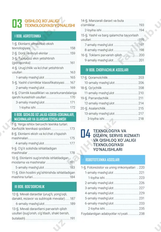 ..............................................112 7-amaliy mashg‘ulot.................................113 ii.2. asbob-uskunalar va ulardan foydalanish 10-§. kiyim haqida umumiy ma’lumot.......116 11-§. tikiladigan kiyim uchun gazlama va fason tayyorlash.............................................117 8-amaliy mashg‘ulot.................................121 12-§. qo‘lda bajariladigan ishlarning texnik shartlari............................................................122 9-amaliy mashg‘ulot.................................126 iii.3. mashina, mexanizm, stanoklar va ulardan foydalanish 13-§. ixtisoslashtirilgan tikuv mashinalari, tuzilishi va ishlash prinsipi............................127 iii bob. ijtimoiy-iqtisodiy texnologiya asoslari 21-§. interyerda tekstil mahsulotlari. tekstil mahsulotlarida ranglar jilosi.........................151 1-loyiha ishi................................................153 22-§. interyerda o‘simliklar dunyosi. xonadon va ofislar interyeri...........................................154 2-loyiha ishi................................................155 7-§. yerga ishlov beruvchi texnika turlari. xavfsizlik texnikasi qoidalari.........................173 8-§. ekinlarni ekish va ko‘chat o‘tqazish mashinalari......................................................175 4-amaliy mashg‘ulot.................................177 9-§. o‘g‘it solishda ishlatiladigan mashinalar......................................................178 10-§. ekinlarini sug‘orishda ishlatiladigan moslama va mashinalar...............................181 5-amaliy mashg‘ulot.................................183 11-§. ekin hosilini yig‘ishtirishda ishlatiladigan mashina turlari................................................184 qishloq xo‘jaligi texnologiyasi yo‘nalishi texnologiya va dizayn, servis xizmati va qishloq xo‘jaligi texnologiyasi yo‘nalishlari 03 04 i bob. agrotexnika 1-§. ekinlarni almashlab ekish texnologiyasi...................................................158 2-§.