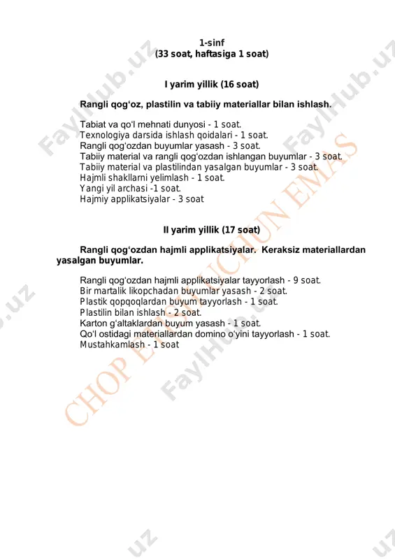 ollari: guruhda ishlash sizga yoqdimi? do‘stona ishlay oldingizmi? qanday qiyinchiliklarga duch keldingiz? 2-3 daqiqa 6. refleksiya darsda o‘z faoliyatini signal kartochkalar (qizil, sariq, yashil) yordamida yoki qo‘l ko‘tarish orqali baholash. o‘qituvchi: barcha vazifalarni muvaffaqiyatli bajargan o‘quvchilar qo‘lingizni (yoki yashil kartochkasini) ko‘taring. qiyinchiliklarga duch kelgan, ammo topshiriqni bajargan bo‘lsangiz, qo‘lingizni (yoki sariq kartochkani) ko‘taring. topshiriqni bajara olmagan bo‘lsangiz, qo‘lingizni (yoki qizil kartochkani) ko‘taring. 2-3 daqiqa 1-dars. tabiiy va sun’iy dunyo dars maqsadlari: • o‘quvchilarning tabiiy va sun’iy dunyo haqidagi tushunchalarini kengaytirish; • texnologik bilimlarning hayot bilan aloqadorligini ko‘ra bilishni o‘rgatish. kerakli materiallar: darslik 1. tashkiliy qism (2-3 daqiqa). o‘qituvchi o‘quvchilar bilan salomlashadi. davomatni va darsga tayyorgarlikni tekshiradi. 2. dars mavzusini e’lon qilish. dars mavzusiga kirish (2-3 daqiqa). o‘quvchilar o‘qituvchi bilan birgalikda darslik bilan tanishadilar, shartli belgilarni o‘rganadilar va o‘quv yili davomida ishlash uchun zarur bo‘lgan materiallar ro‘yxatini muhokama qiladilar. o‘qituvchi o‘quvchilarga darslikning 4-5-sahifalaridagi rasmlarni ko‘rib chiqishni taklif qiladi: illyustratsiyaga qarab, texnologiya …