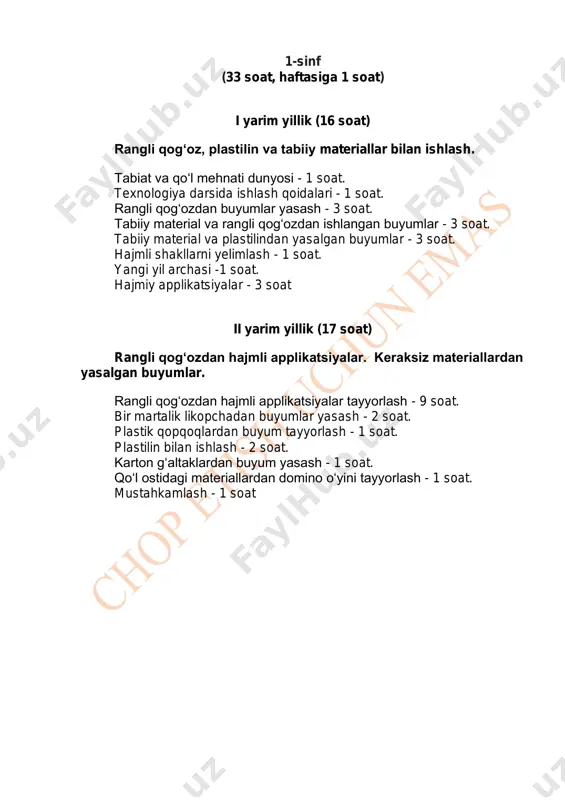 ollari: guruhda ishlash sizga yoqdimi? do‘stona ishlay oldingizmi? qanday qiyinchiliklarga duch keldingiz? 2-3 daqiqa 6. refleksiya darsda o‘z faoliyatini signal kartochkalar (qizil, sariq, yashil) yordamida yoki qo‘l ko‘tarish orqali baholash. o‘qituvchi: barcha vazifalarni muvaffaqiyatli bajargan o‘quvchilar qo‘lingizni (yoki yashil kartochkasini) ko‘taring. qiyinchiliklarga duch kelgan, ammo topshiriqni bajargan bo‘lsangiz, qo‘lingizni (yoki sariq kartochkani) ko‘taring. topshiriqni bajara olmagan bo‘lsangiz, qo‘lingizni (yoki qizil kartochkani) ko‘taring. 2-3 daqiqa 1-dars. tabiiy va sun’iy dunyo dars maqsadlari: • o‘quvchilarning tabiiy va sun’iy dunyo haqidagi tushunchalarini kengaytirish; • texnologik bilimlarning hayot bilan aloqadorligini ko‘ra bilishni o‘rgatish. kerakli materiallar: darslik 1. tashkiliy qism (2-3 daqiqa). o‘qituvchi o‘quvchilar bilan salomlashadi. davomatni va darsga tayyorgarlikni tekshiradi. 2. dars mavzusini e’lon qilish. dars mavzusiga kirish (2-3 daqiqa). o‘quvchilar o‘qituvchi bilan birgalikda darslik bilan tanishadilar, shartli belgilarni o‘rganadilar va o‘quv yili davomida ishlash uchun zarur bo‘lgan materiallar ro‘yxatini muhokama qiladilar. o‘qituvchi o‘quvchilarga darslikning 4-5-sahifalaridagi rasmlarni ko‘rib chiqishni taklif qiladi: illyustratsiyaga qarab, texnologiya …