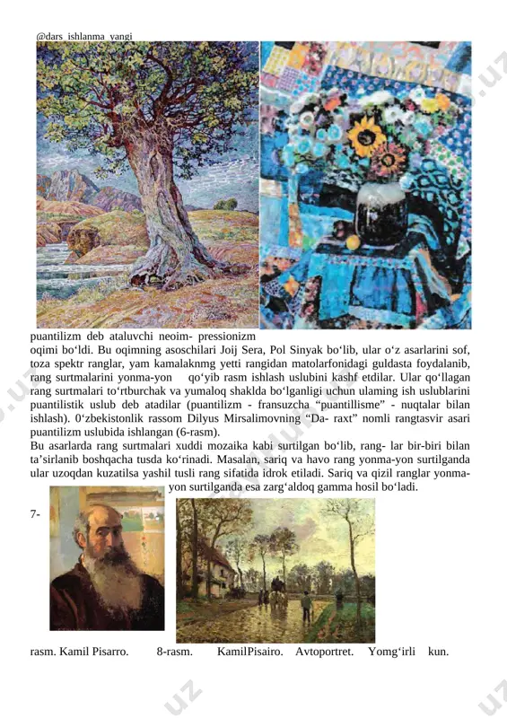 rq xalqlari san’ati uslubiga yaqin bo‘lgan asarlar yaratishga intildilar. keyinchalik tasviriy san’atda keng tarqalgan uslublardan biri kubizm bir qator yetakchi rassomlar e’tiborini tortdi. shunday qilib, jahon tasviriy san’ati tarixida bir qator oqim va yo‘na- lishlar vujudga keldi. endilikda yuqorida nomlari tilga olingan rassom- lardan tashqari vinsen van gog, anri de tuluz-lotrek, anri matiss, edgar dega, ejen delakrua, onore dome, jan-batis kamil kogo, ogyust renuar, pol sezann, alfred sisley kabi rassomlar tomonidan yaratilgan kartinalar san’atshunoslar hamda san’at ixlosmandlari tomonidan yuqori baholanib kelinmoqda. 0‘tilgan mavzuni mustahkamlash uchun savollar: 1.xix asr oxiri xx asr boshlarida tasviriy san’atda qanday oqimlar pay do bo‘lgan? 2.tasviriy san’atdagi yangi oqimlar realistik tasviriy san’atdan qanday xususiyatlariga ko‘ra farq qiladi? 3.“impressionizm” termini qanday ma’noni anglatadi? 4.impressionistik oqimning nomlanishiga qaysi rassomning asari asos bo‘lgan? 5.yevropa tasviriy san’atida qanday oqimlar yuzaga keldi? 6.yangicha oqimlarda ijod qilgan yevropalik va o‘zbekistonlik qaysi rassomlami bilasiz? uyga vazifa: 1. impressionistik uslubda ishlangan kartinalami tahlil qilish …