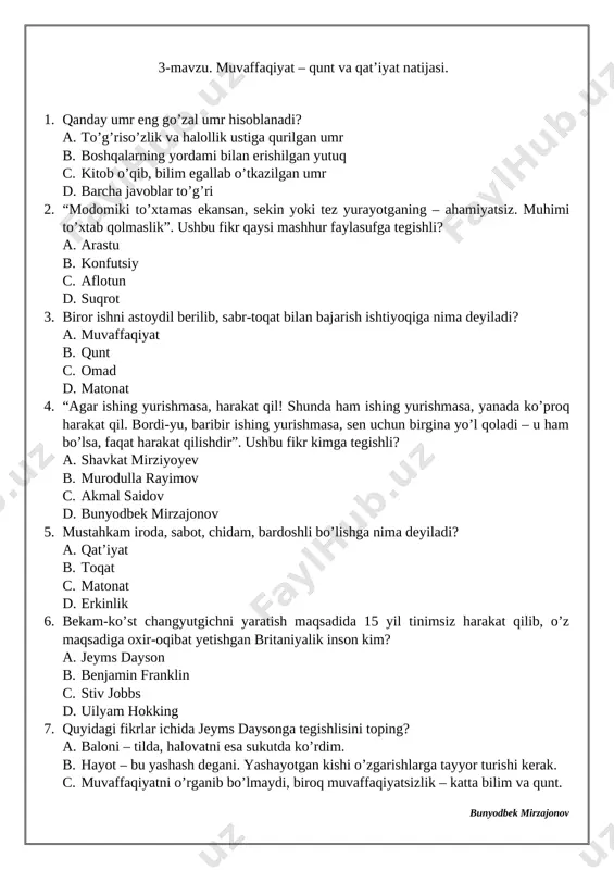 a. insonning yashashdan maqsadi baxtiyorlikdir. b. o’tgan hayotingni o’z mualliming deb bil. c. birlashgan o’zar, birlashmagan to’zar d. barcha javoblar to’g’ri 9. chung ju yung ochgan ustaxona nechanchi yildan boshlab “hyunday” nomi bilan ishlay boshladi? a. 1938-yildan b. 1942-yildan c. 1946-yildan d. 1951-yildan 10. loqaydlik nimalarga sabab bo’ladi? a. atrofda yovuzliklar ko’payishiga olib keladi b. kishining rivojlanishiga salbiy ta’sir qiladi c. shaxs, jamiyat va davlat taraqqiyotiga salbiy ta’sir ko’rsatadi d. barcha javoblar to’g’ri 1 2 3 4 5 6 7 8 9 10 b a a c d c a b c d 6-mavzu. tabiatni asrash – hayotni asrash. 1. yer kurrasida yiliga necha tonnadan ziyod ko’mir yoqiladi? a. 20 b. 25 c. 30 d. 35 2. har yili havoga necha tonna zaharli gazlar ajralib chiqadi? a. 2 milliard tonna b. 2,5 milliard tonna c. 3 milliard tonna d. 3,5 milliard tonna 3. tomonlar o’rtasida kelishmovchiliklar paydo bo’lishining oldini olish, …